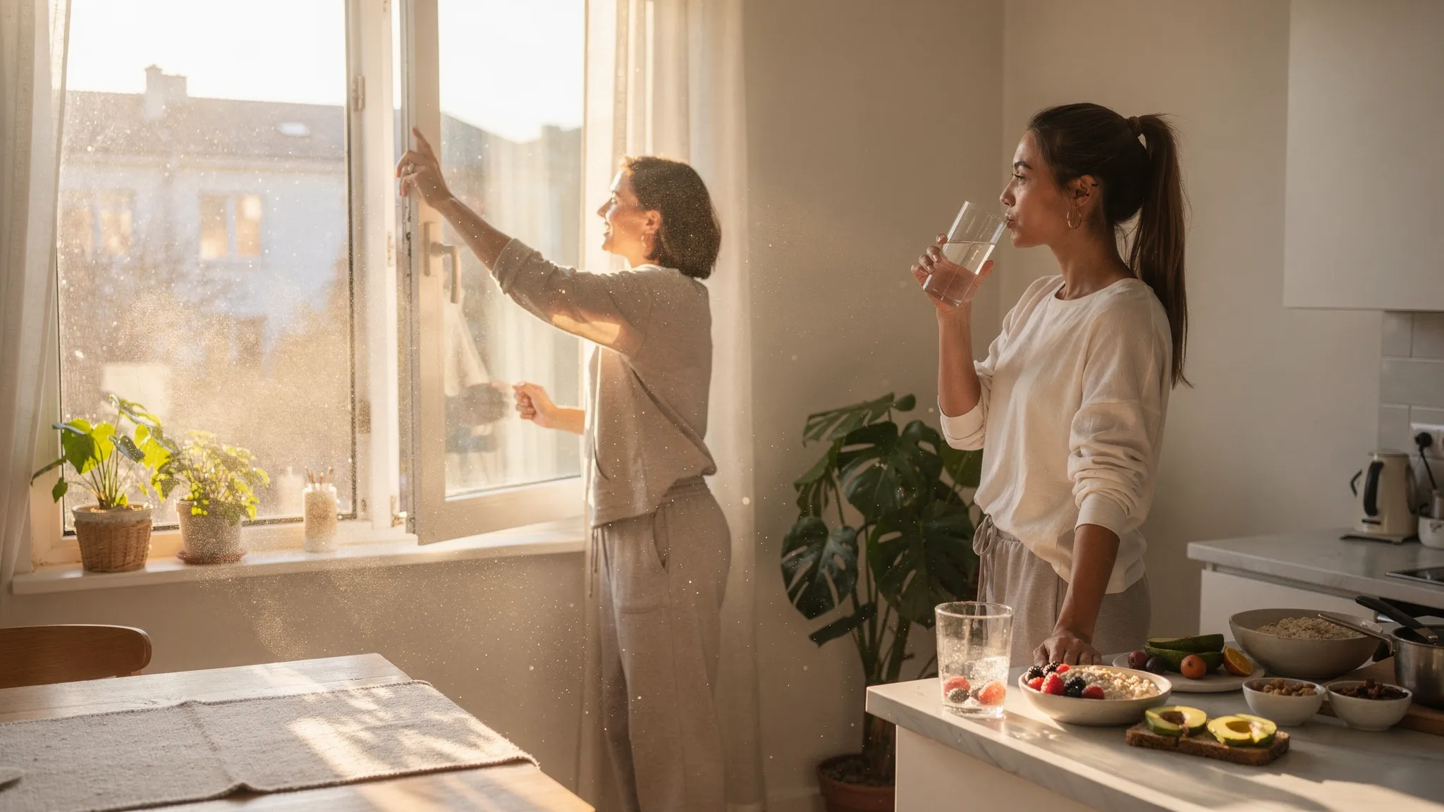 Rutina matinal sin cafeína: una persona emprendedora abriendo una ventana con luz natural, bebiendo agua y preparando un desayuno equilibrado; ambiente de hogar ordenado, sin pantallas visibles.