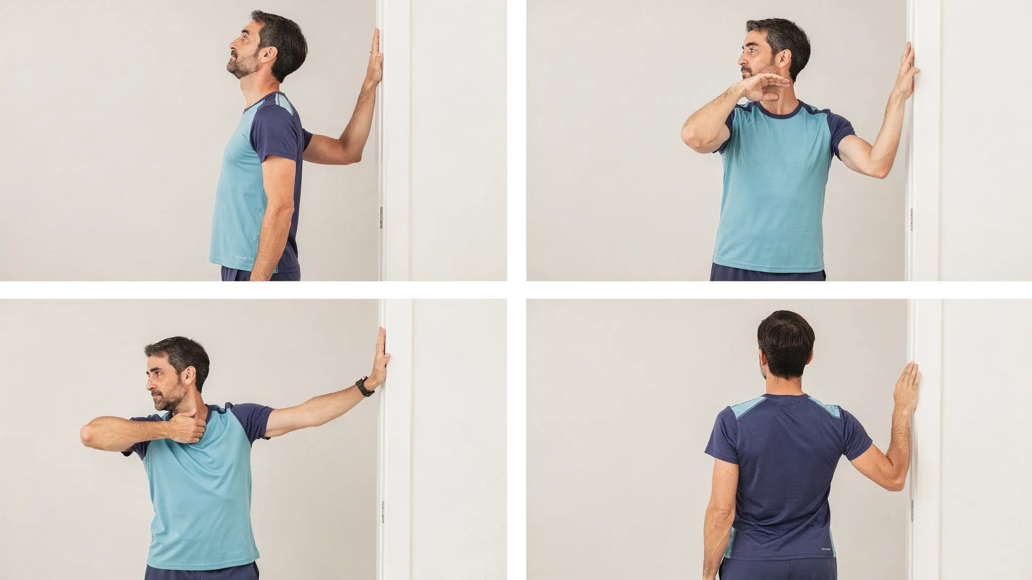 Secuencia simple de movilidad para cuello y hombros: retracción cervical, rotación suave, estiramiento de pectoral en puerta y activación de escápulas con postura erguida.