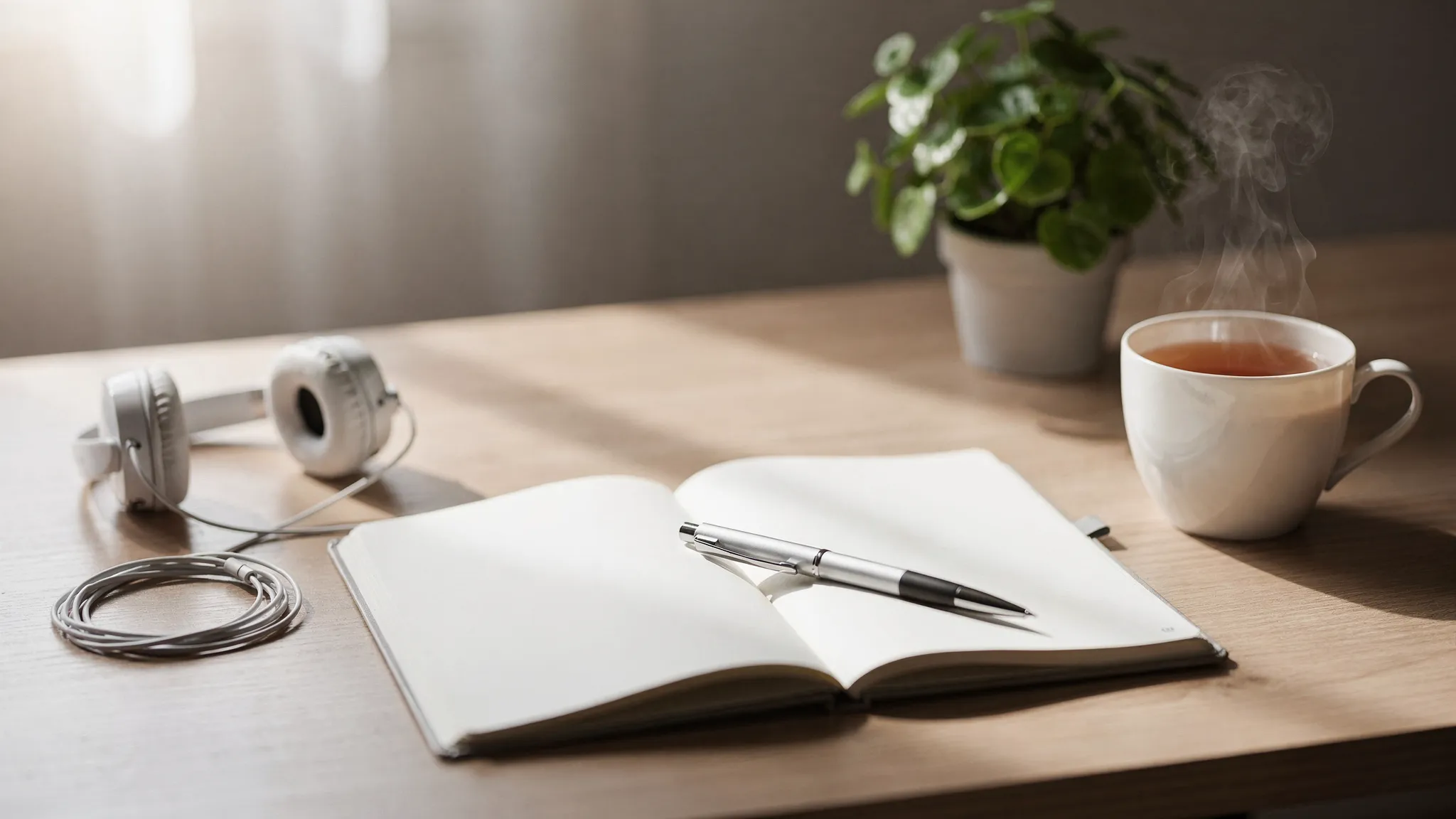 Un escritorio ordenado con un planificador en papel, una taza de té humeante, auriculares guardados, una pequeña planta y luz suave; no hay pantallas encendidas.
