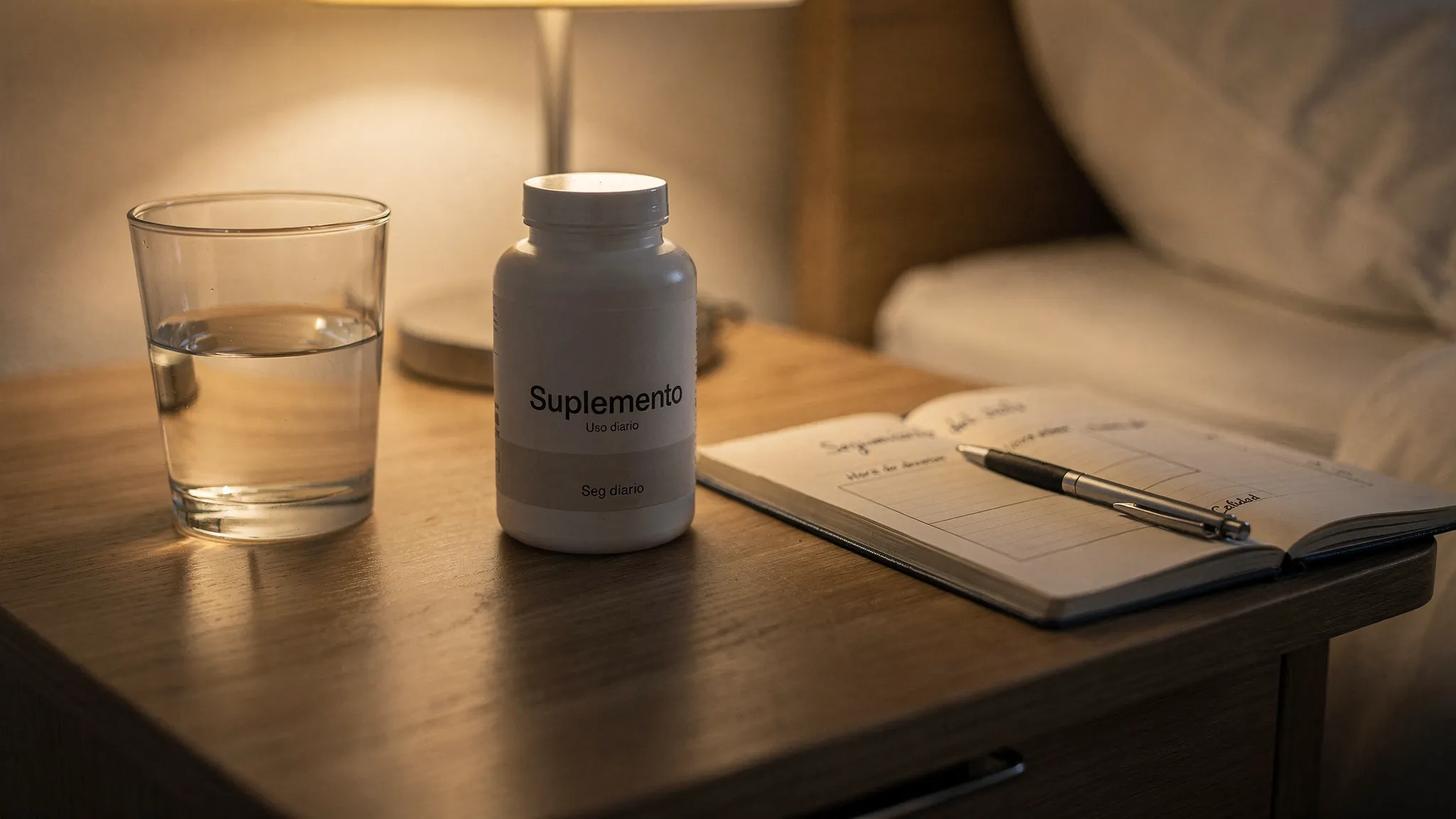 Una mesita de noche ordenada con un vaso de agua, un frasco de suplemento etiquetado de forma genérica, un cuaderno de notas de seguimiento del sueño y una luz cálida tenue, transmitiendo una rutina nocturna sencilla y relajante.