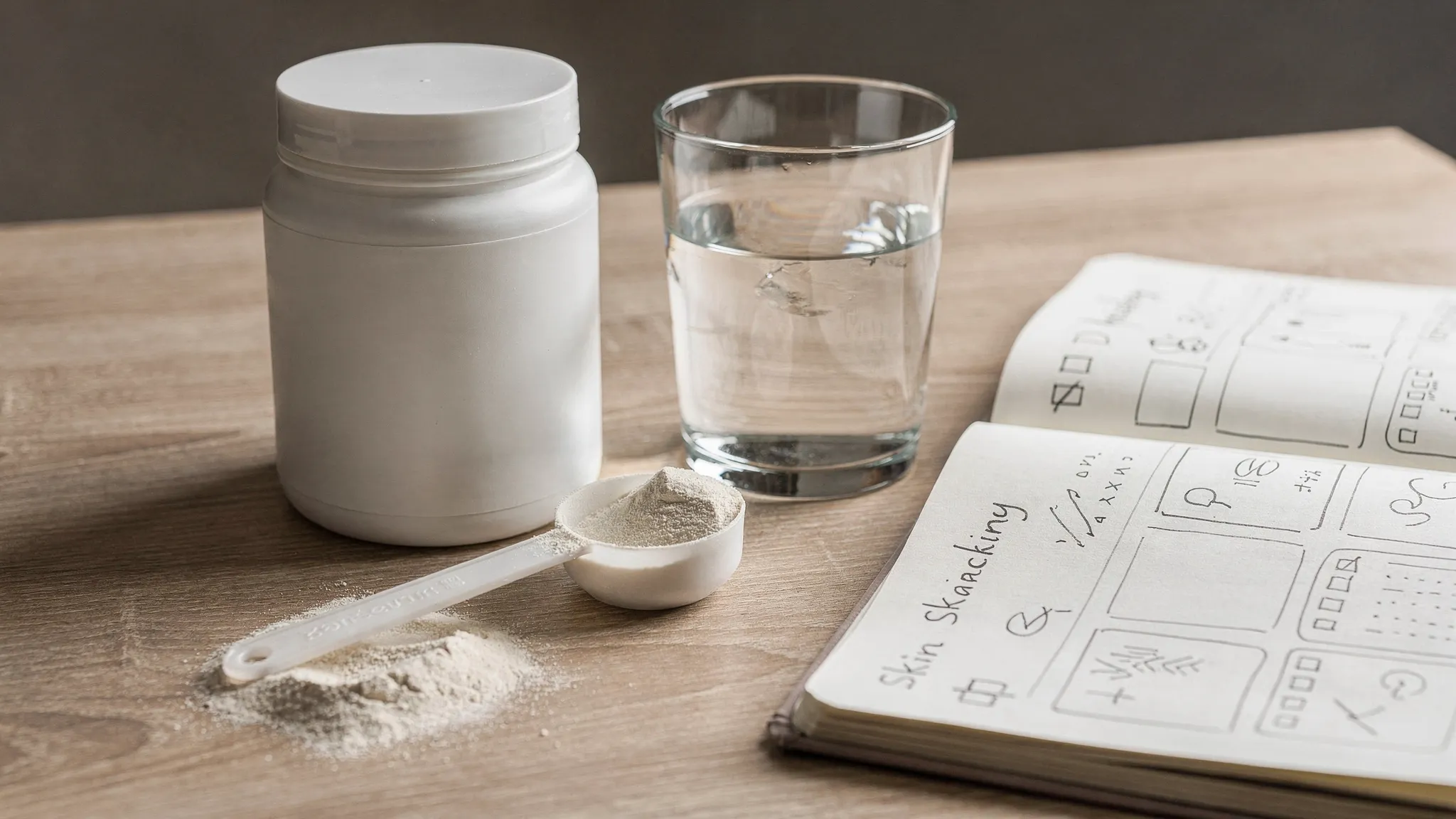 Bodegón de wellness sobre una mesa: un bote de péptidos de colágeno en polvo sin marca visible, un vaso de agua, una cuchara medidora y un cuaderno abierto con un seguimiento semanal de piel.