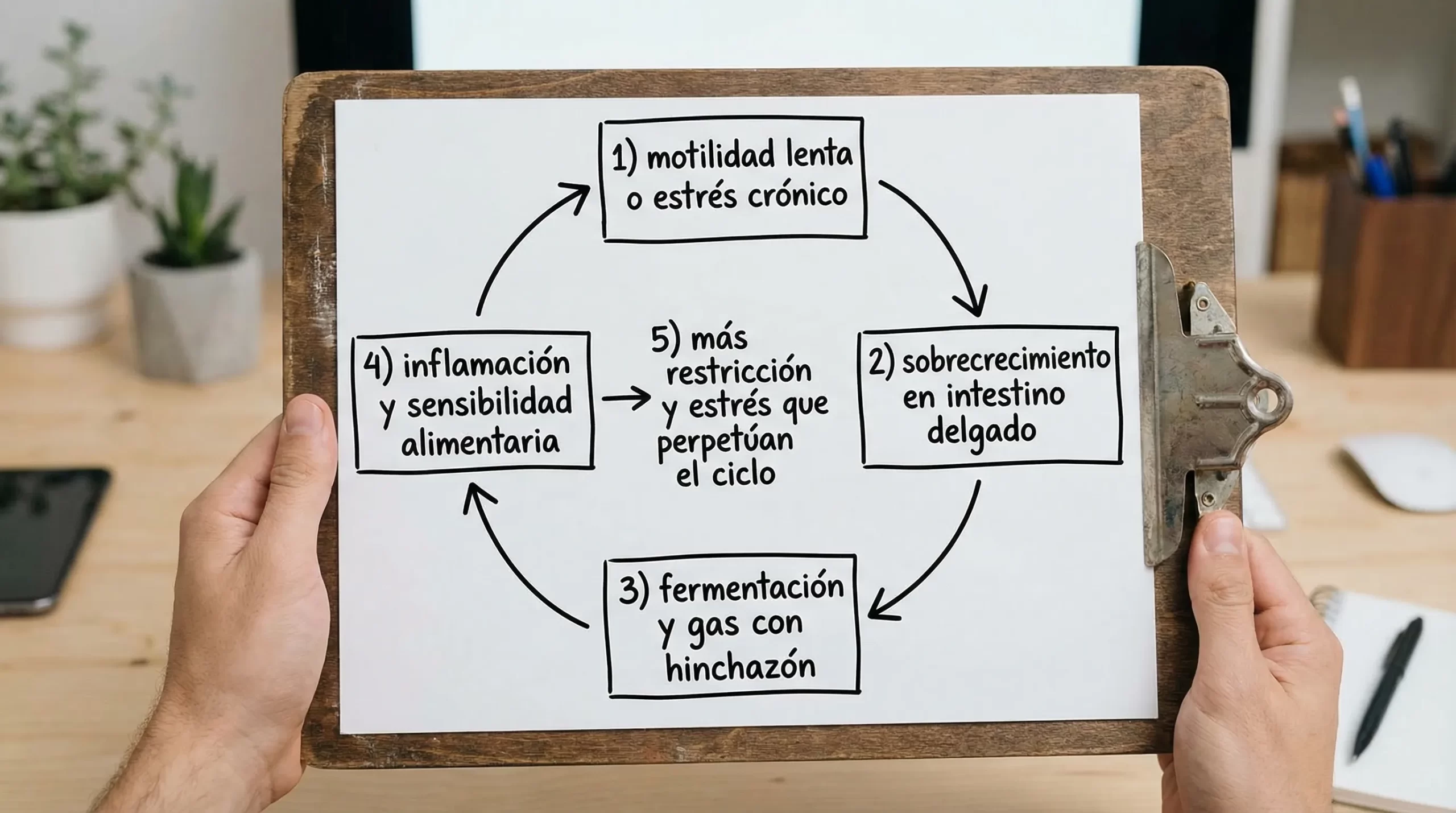 Diagrama sencillo del ciclo del SIBO: 1) motilidad lenta o estrés crónico, 2) sobrecrecimiento en intestino delgado, 3) fermentación y gas con hinchazón, 4) inflamación y sensibilidad alimentaria, 5) más restricción y estrés que perpetúan el ciclo.