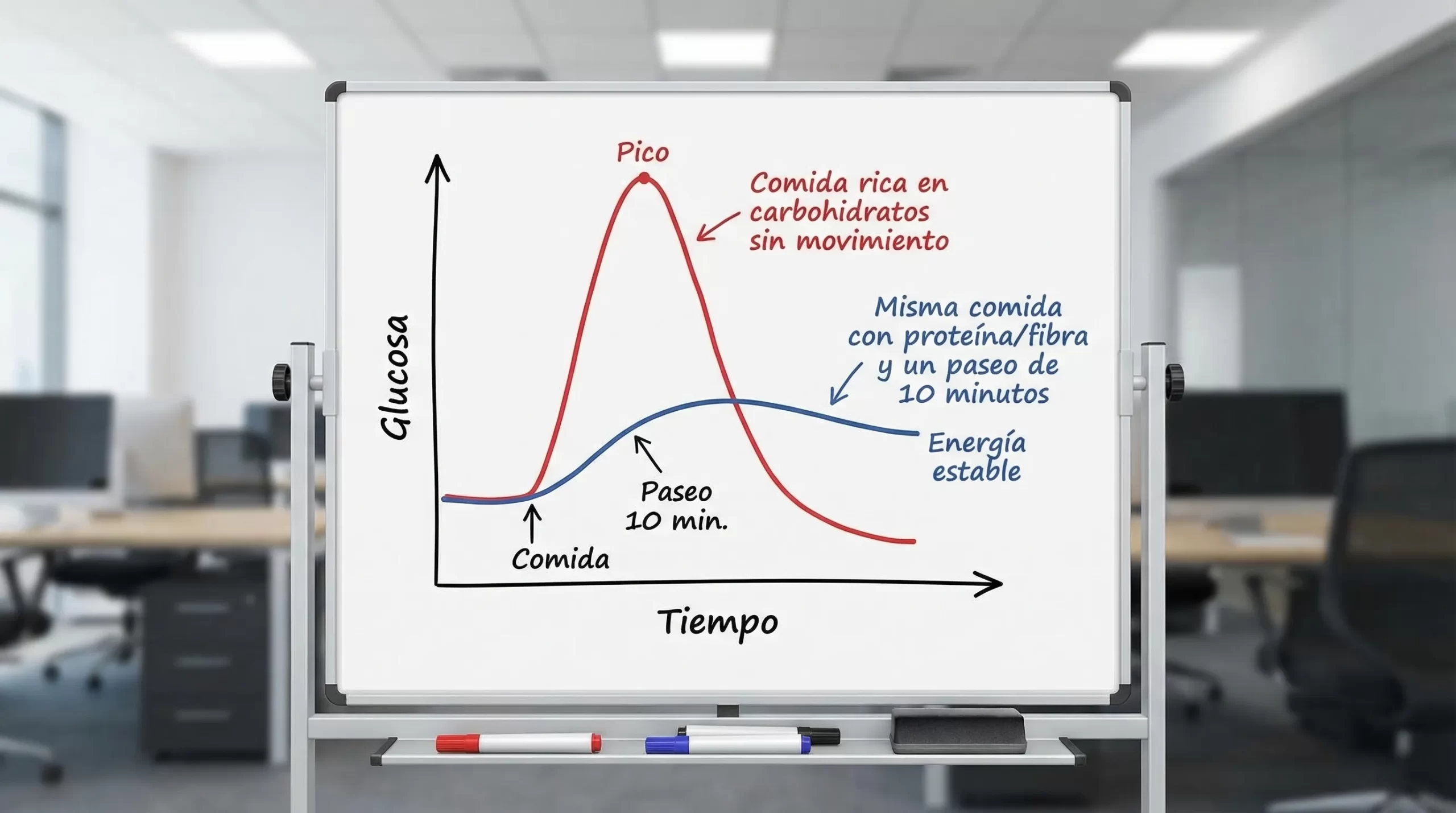 Diagrama simple con dos curvas comparativas de glucosa: una curva alta y rápida tras una comida rica en carbohidratos sin movimiento, y otra curva más baja y suave tras la misma comida con proteína/fibra y un paseo de 10 minutos. Incluye etiquetas “Comida”, “Pico”, “Paseo 10 min”, y “Energía estable”.