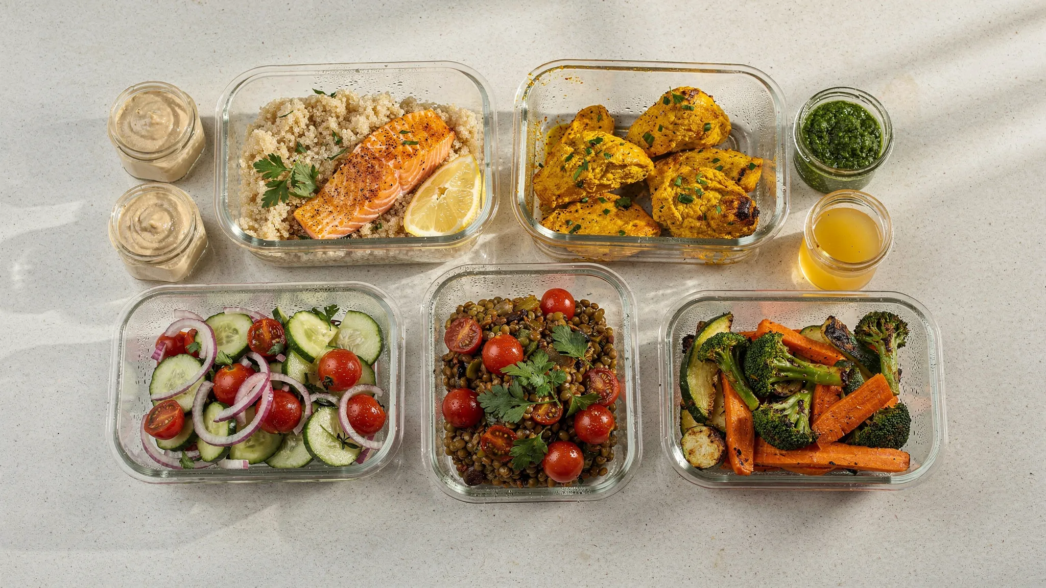 Encimera con recipientes de cristal para meal prep: quinoa, salmón al horno, pollo con cúrcuma, ensalada de lentejas, verduras asadas y botes pequeños con salsas (hummus, pesto de espinaca, vinagreta de limón).
