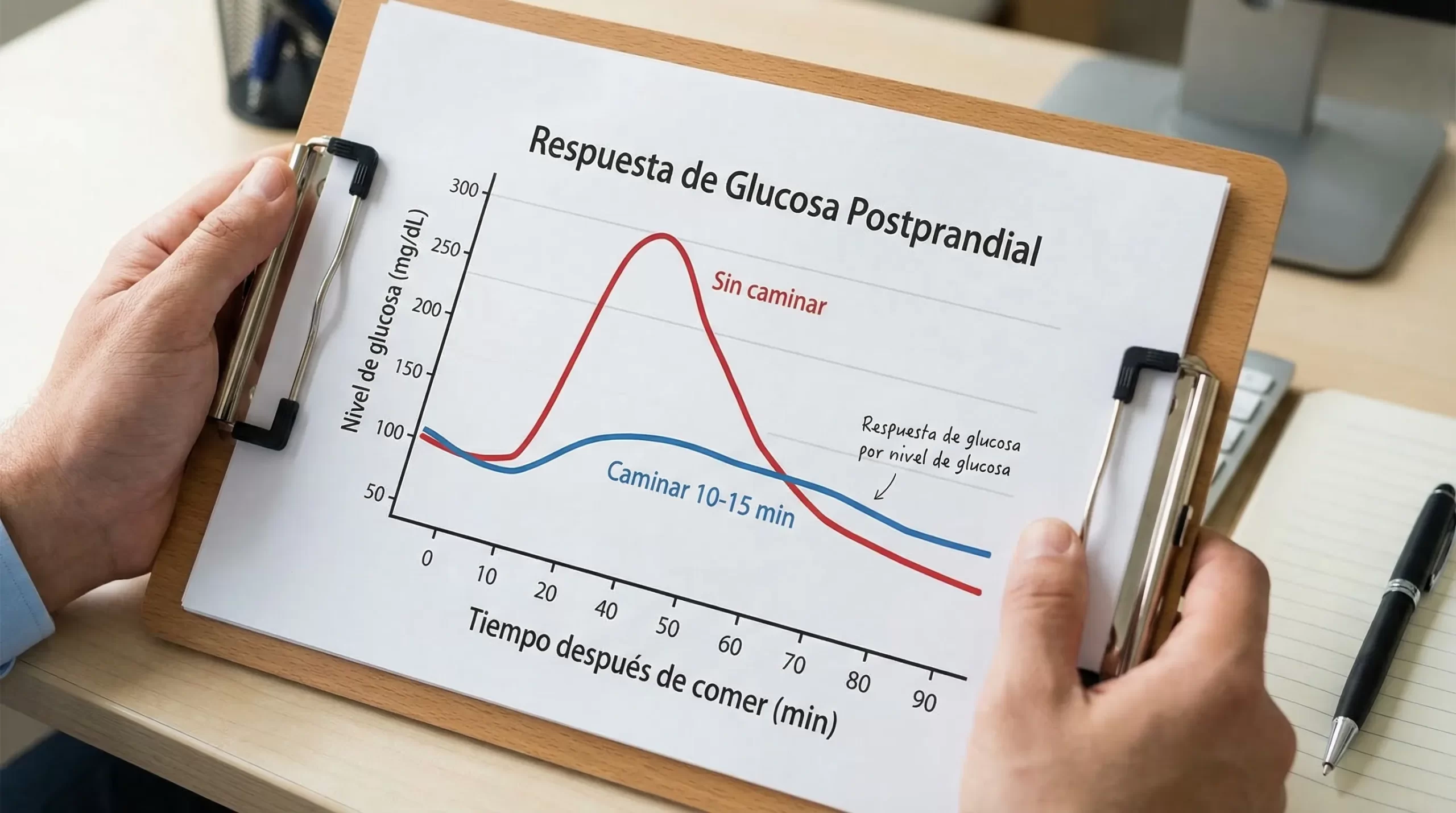 Gráfico simple de dos curvas de glucosa tras una comida, una con pico alto sin caminar y otra con pico más bajo y estable al caminar 10-15 minutos después de comer.