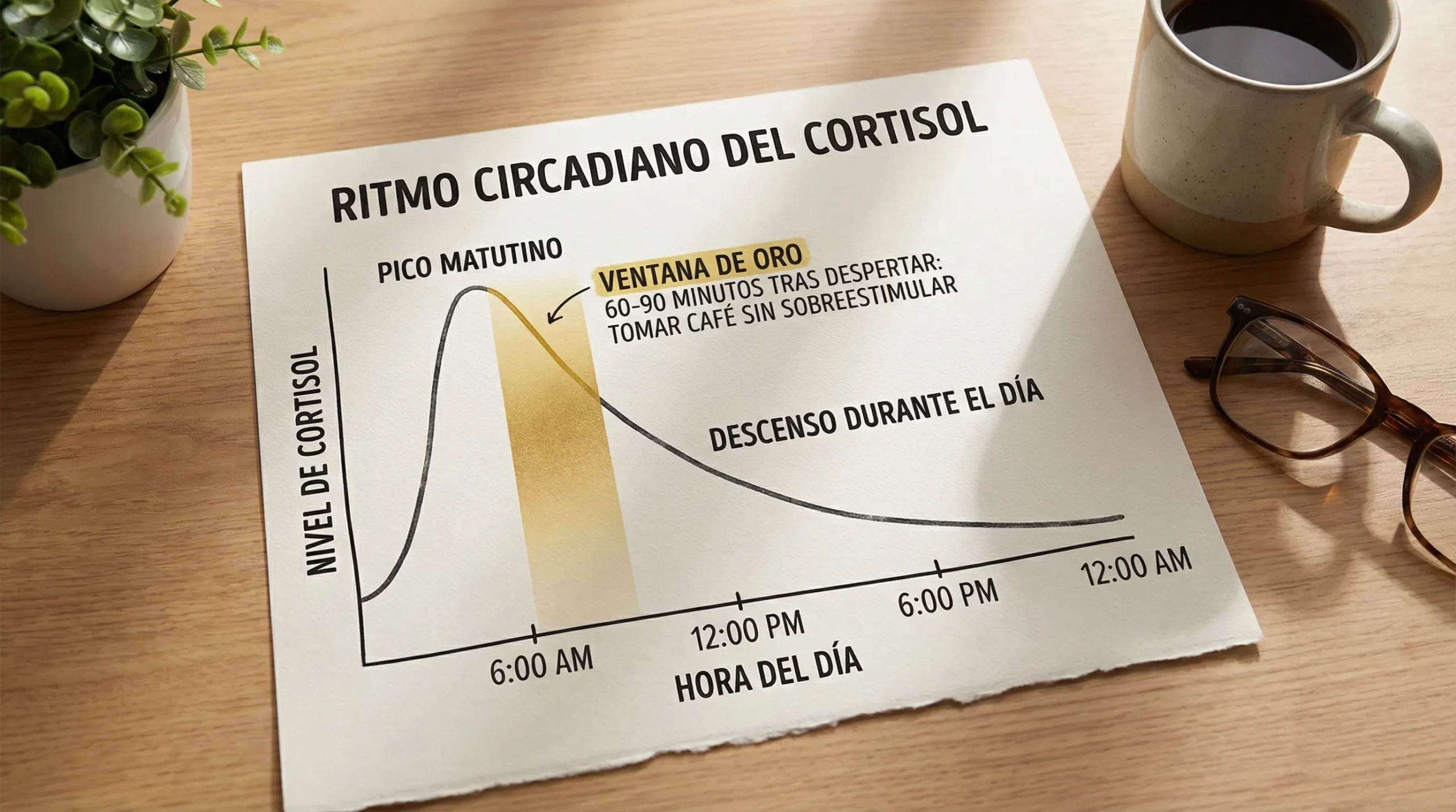 Gráfico simple del ritmo circadiano del cortisol con un pico matutino y descenso durante el día, y una “ventana de oro” marcada 60 a 90 minutos tras despertar para tomar café sin sobreestimular.