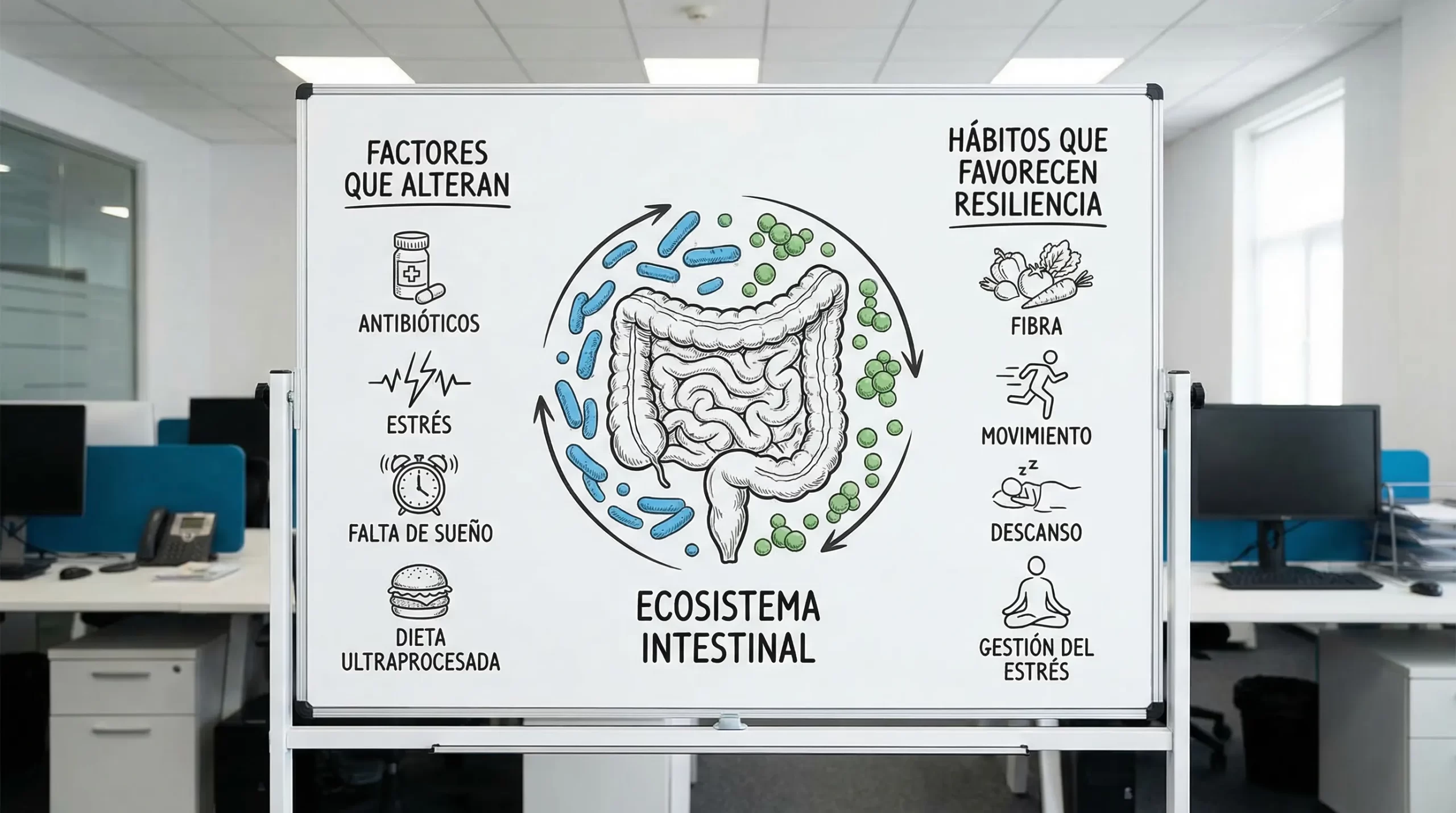 Ilustración del ecosistema intestinal con bacterias y levaduras en equilibrio. A un lado, factores que alteran el sistema (antibióticos, estrés, falta de sueño, dieta ultraprocesada) y, al otro, hábitos que favorecen resiliencia (fibra, movimiento, descanso, gestión del estrés).
