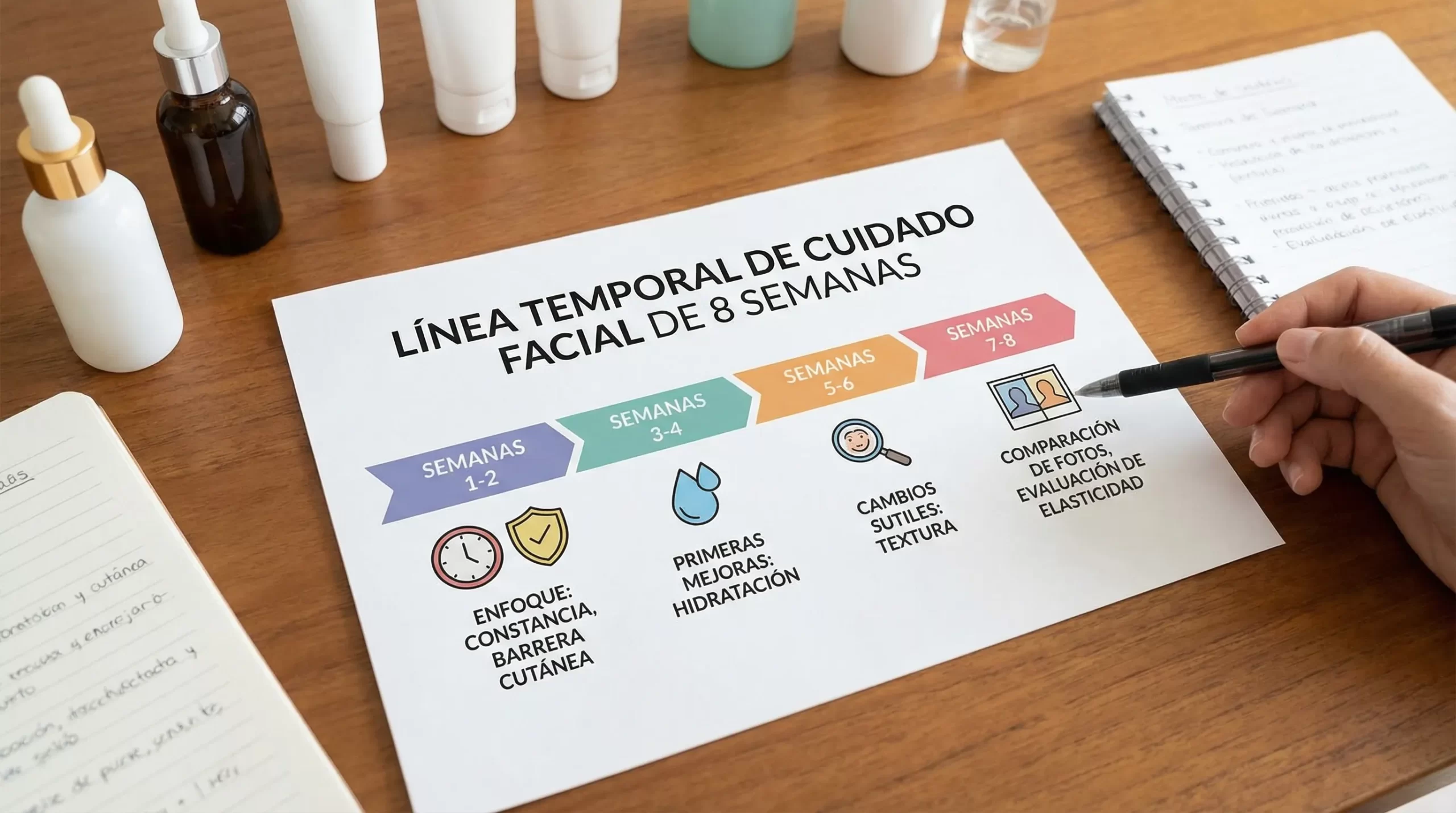 Infografía de una línea temporal de 8 semanas con hitos realistas: semanas 1-2 enfoque en constancia y barrera cutánea, semanas 3-4 primeras mejoras de hidratación, semanas 5-6 cambios sutiles en textura, semanas 7-8 comparación de fotos y evaluación de elasticidad.