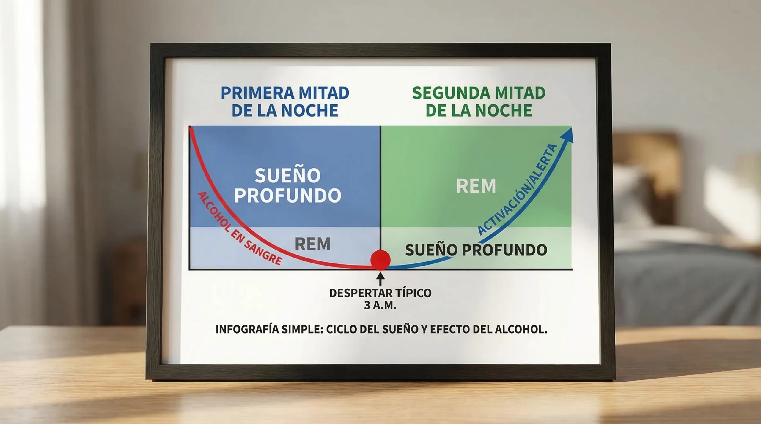 Infografía simple de la noche de sueño en dos mitades: primera mitad con más sueño profundo y segunda mitad con más REM, superpuesta con una curva de “alcohol en sangre” que baja y una curva de “activación/alerta” que sube en la madrugada, destacando el punto de despertar típico alrededor de las 3 a.m.