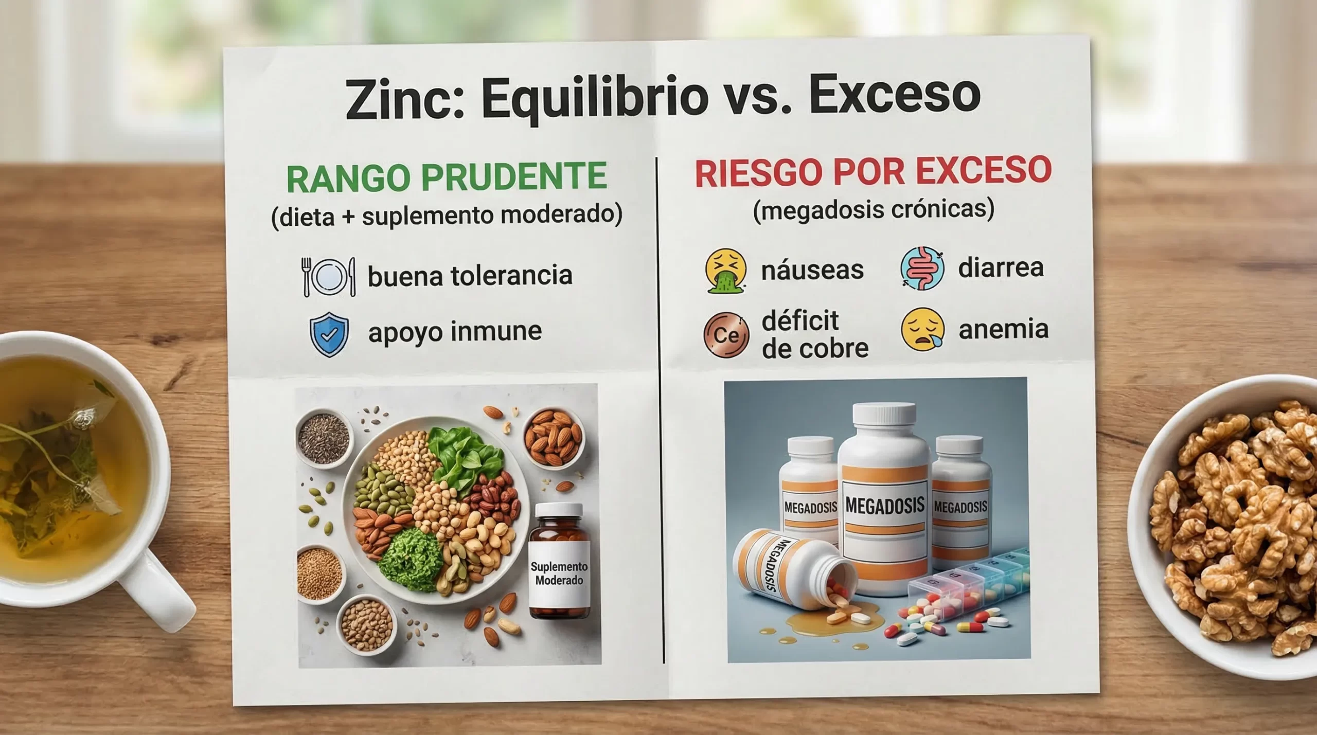Infografía simple en dos columnas: “Rango prudente” (dieta + suplemento moderado) frente a “Riesgo por exceso” (megadosis crónicas). Incluye ejemplos de señales: en prudente “buena tolerancia, apoyo inmune”, y en exceso “náuseas, diarrea, déficit de cobre, anemia”.