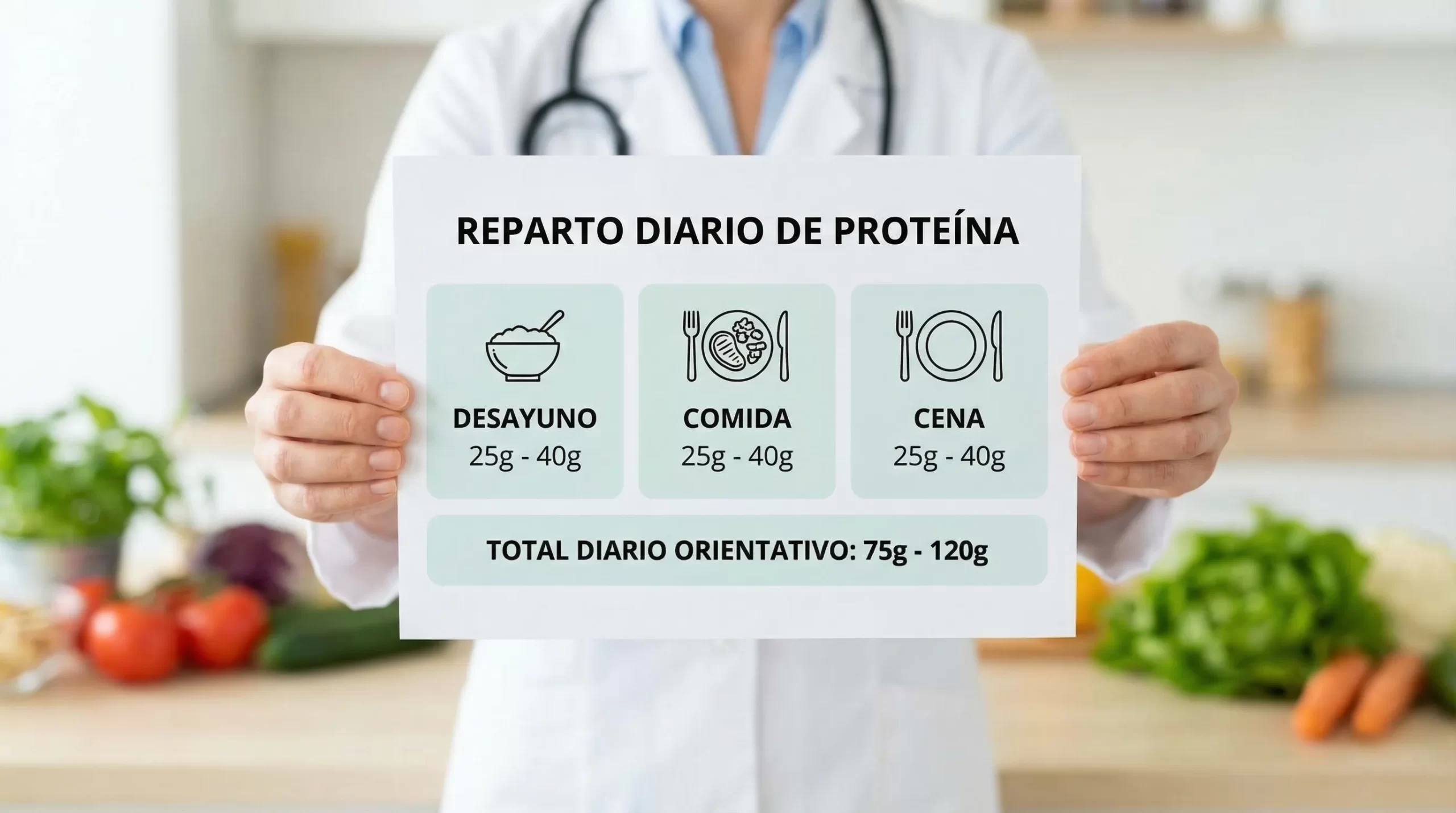 Infografía simple mostrando el reparto de proteína diaria en 3 comidas (desayuno, comida y cena) con rangos de 25 a 40 g por comida y un total diario orientativo.