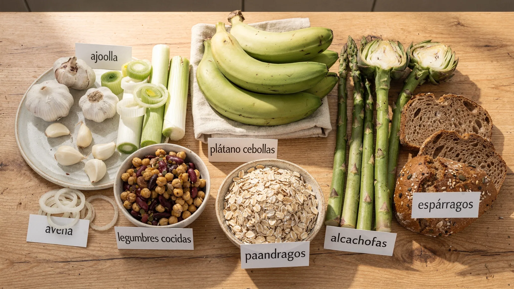 Mesa con alimentos ricos en prebióticos: ajo, cebolla, puerro, plátano poco maduro, avena, legumbres cocidas, espárragos, alcachofas y pan integral, con etiquetas sencillas señalando cada alimento.