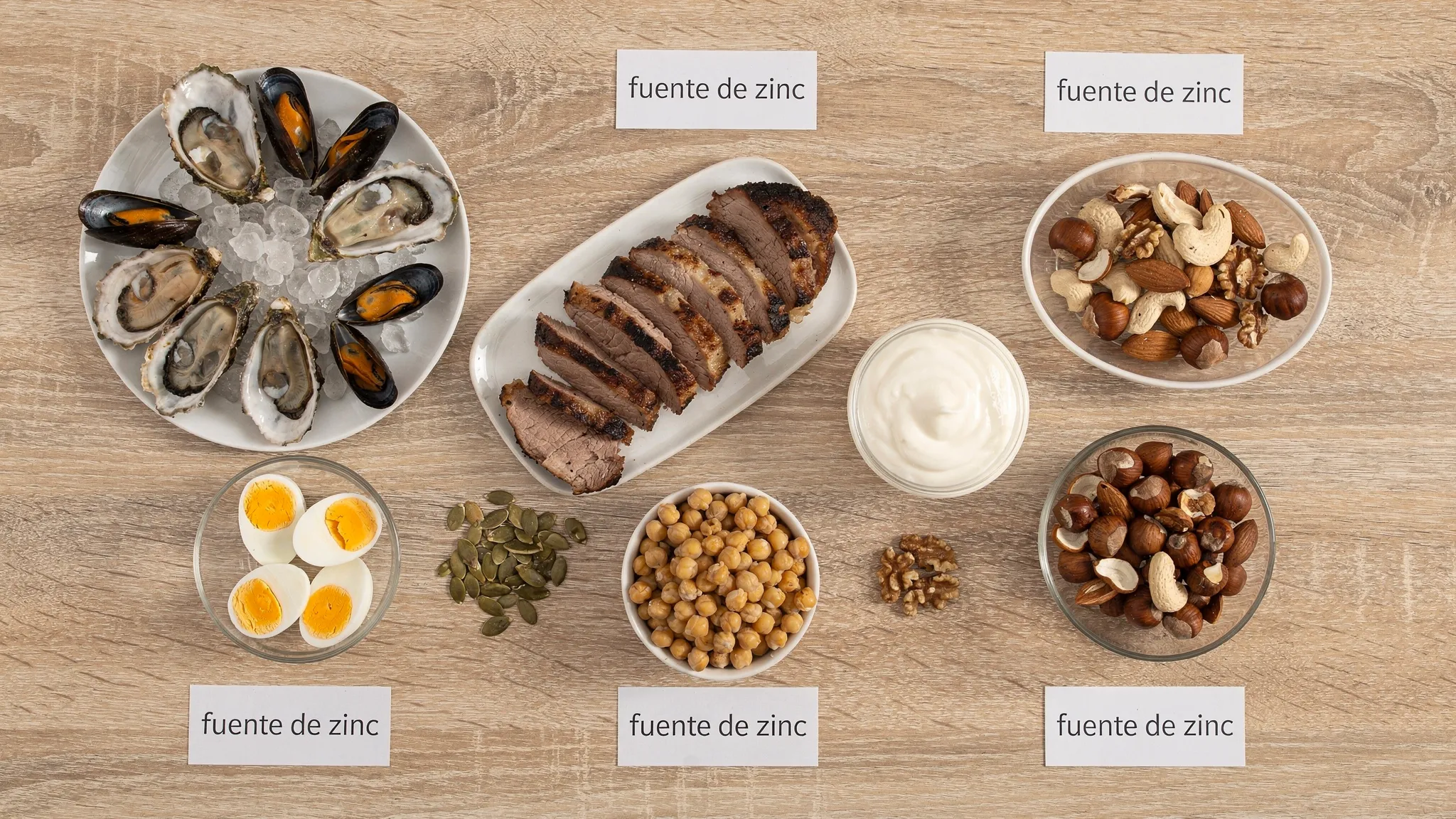 Mesa con alimentos ricos en zinc: ostras y otros mariscos, carne magra, huevos, yogur natural, semillas de calabaza, garbanzos cocidos y frutos secos, con etiquetas sencillas indicando “fuente de zinc”.