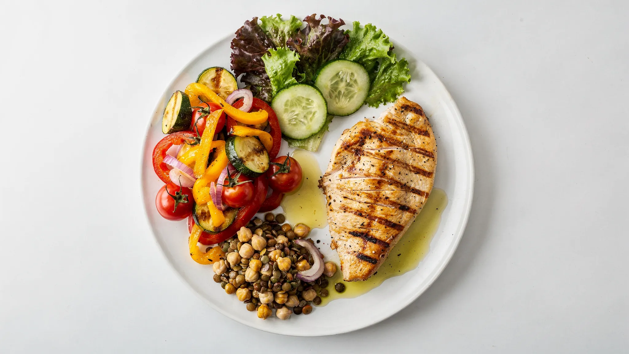 Plato saludable estilo mediterráneo con una porción clara de proteína (pescado o pollo), verduras variadas, legumbres y aceite de oliva, presentado como ejemplo de comida completa rica en proteína.