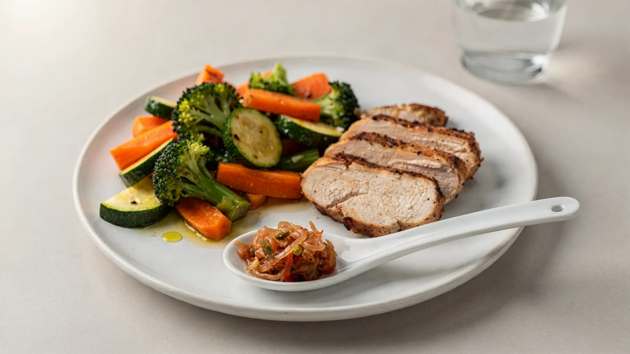 Un plato sencillo con una comida equilibrada (proteína, verduras cocidas y una pequeña porción de fermentado servida en una cucharita), mostrando la idea de “dosis mínima eficaz” para evitar hinchazón.