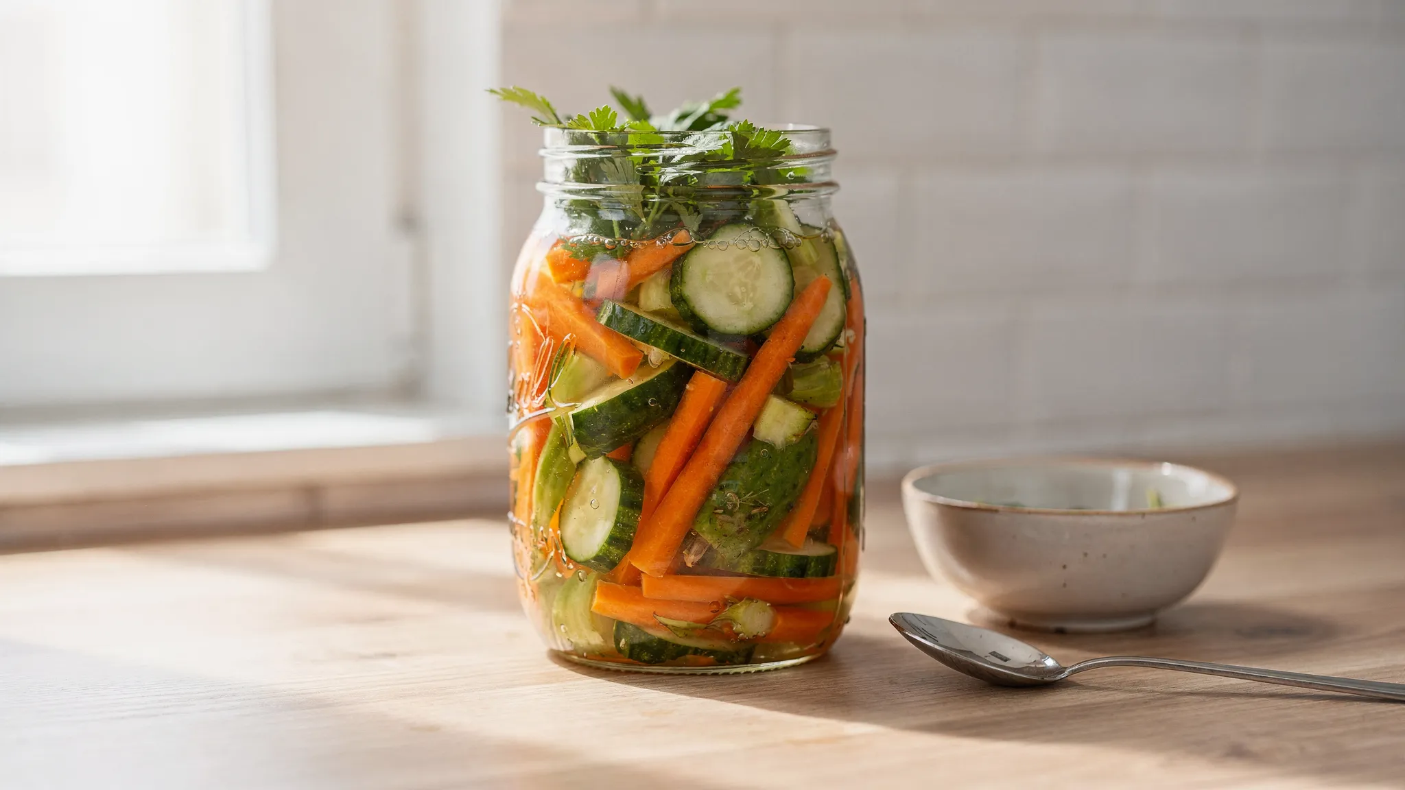 Un tarro de vidrio con verduras fermentadas en salmuera (zanahoria, pepino y hierbas), colocado en una cocina luminosa junto a una cucharita de servir y un cuenco pequeño, evocando una introducción gradual y segura a los fermentados.