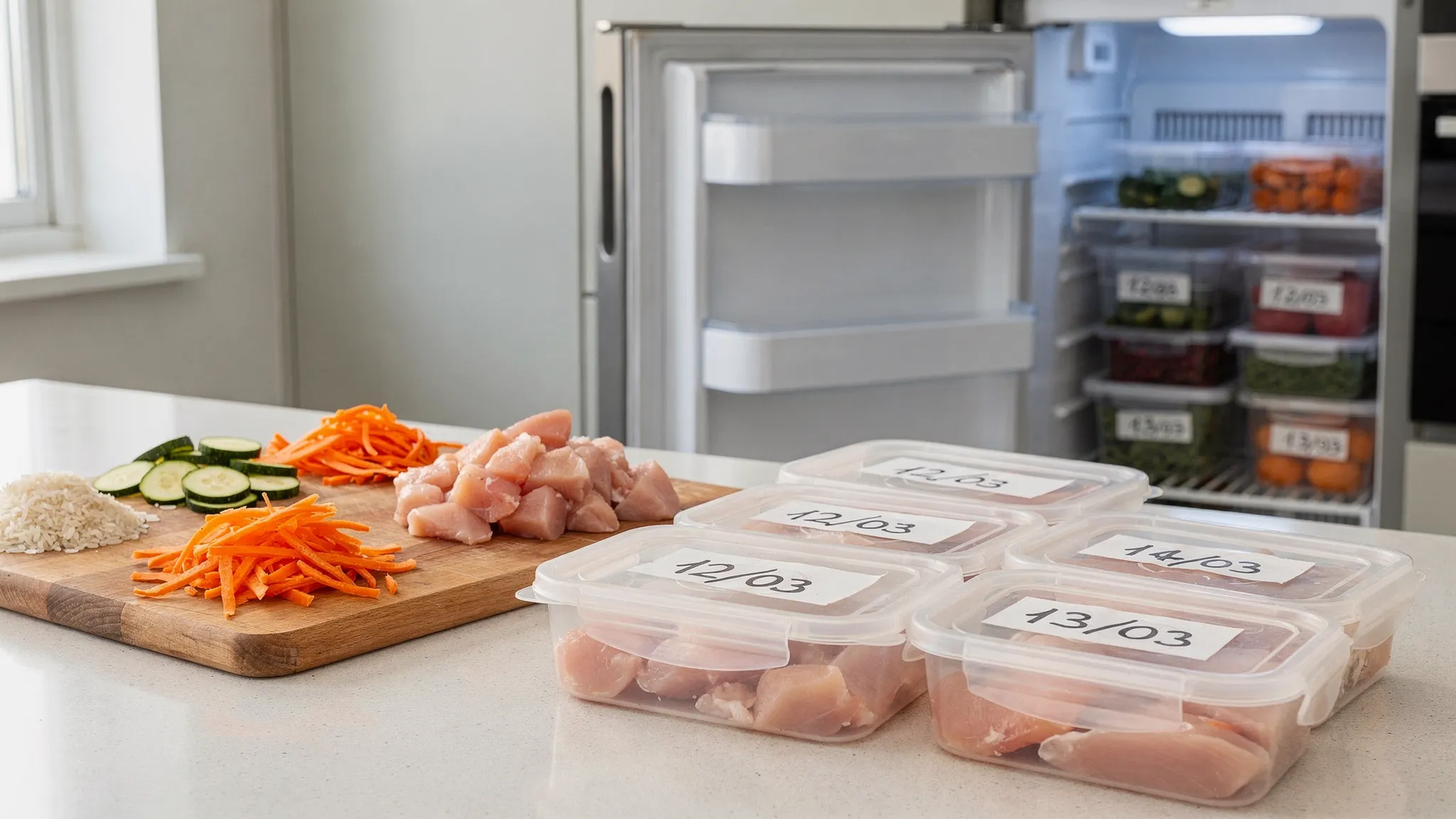 Una encimera con recipientes de comida etiquetados con fecha, una tabla de cortar con ingredientes frescos (arroz, calabacín, zanahoria, pollo), y un congelador semiabierto con porciones individuales, representando preparación baja en histamina y control de sobras.
