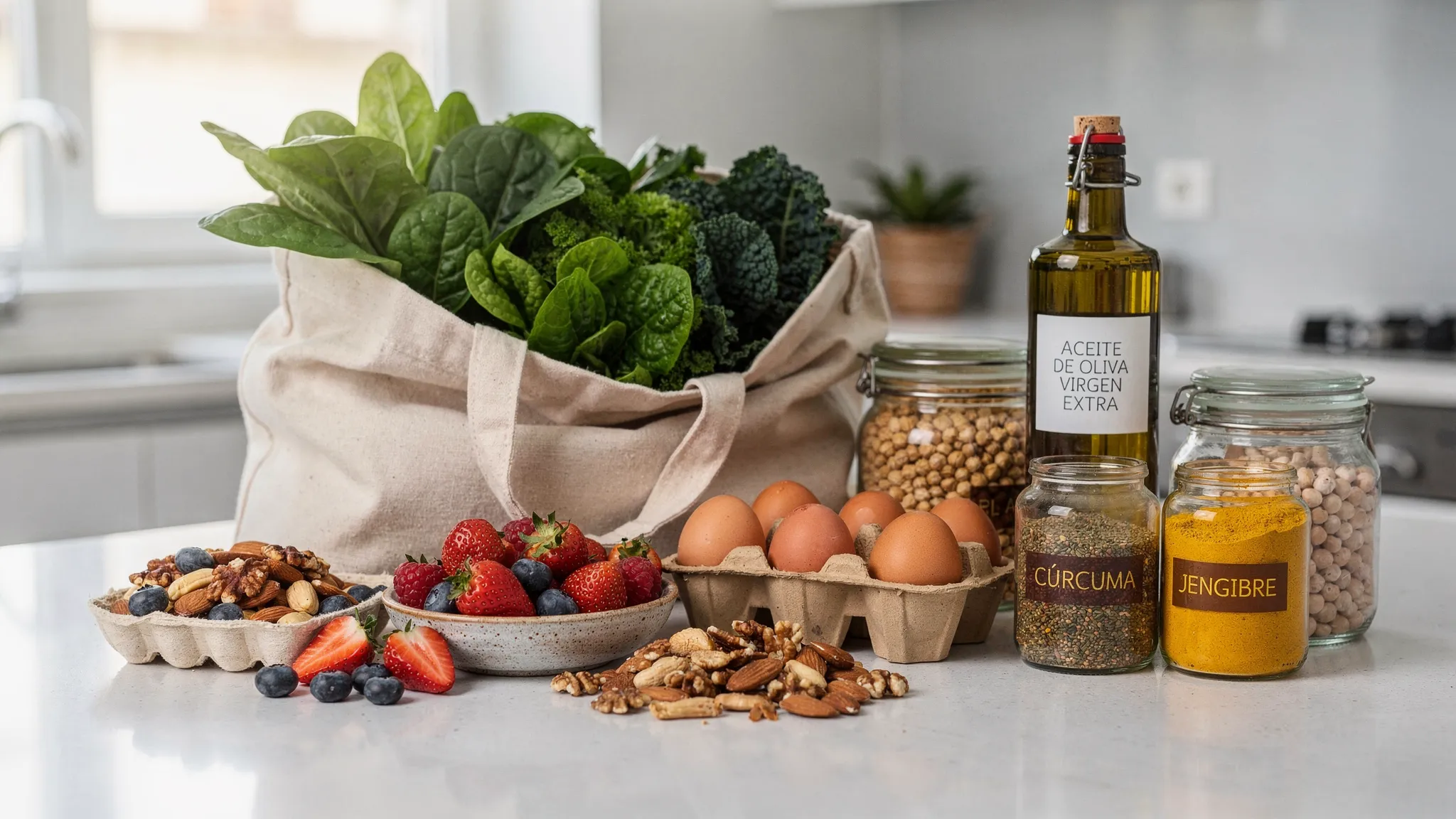 Una encimera de cocina con una bolsa de compra abierta mostrando verduras de hoja verde, frutos rojos, aceite de oliva virgen extra, legumbres en bote, huevos, frutos secos y especias como cúrcuma y jengibre.