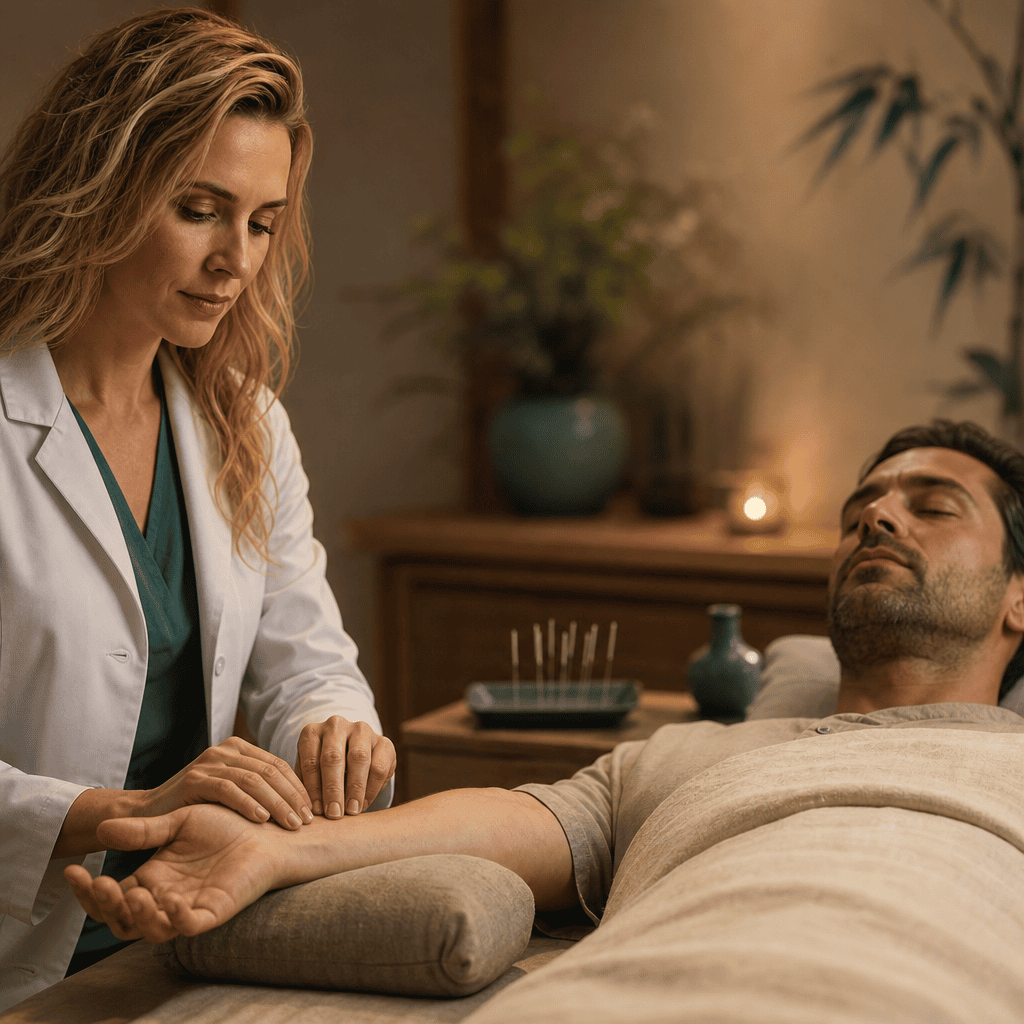 jasmine practitioner taking pulse perform differential diagnosis ad