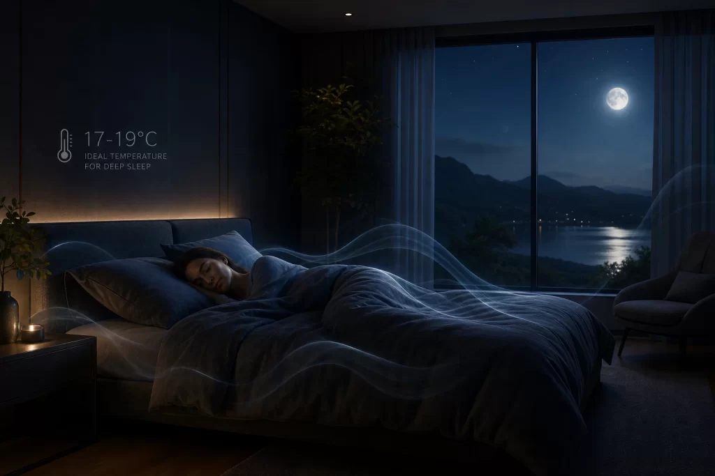 luxurious cool bedroom at night