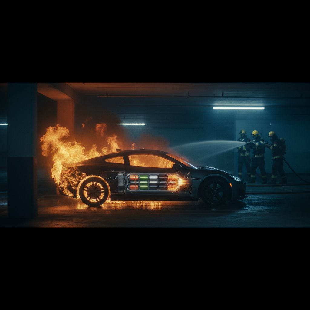 electric car burning in garage
