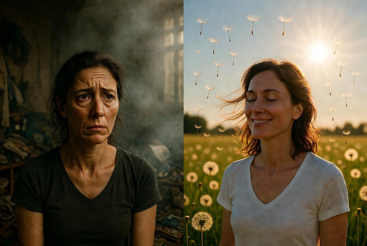 from heavy to light woman smiling after being sad