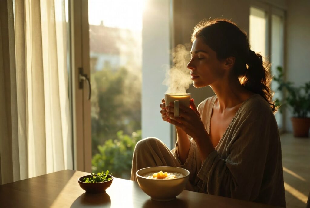 woman drinking a warm cup of tea