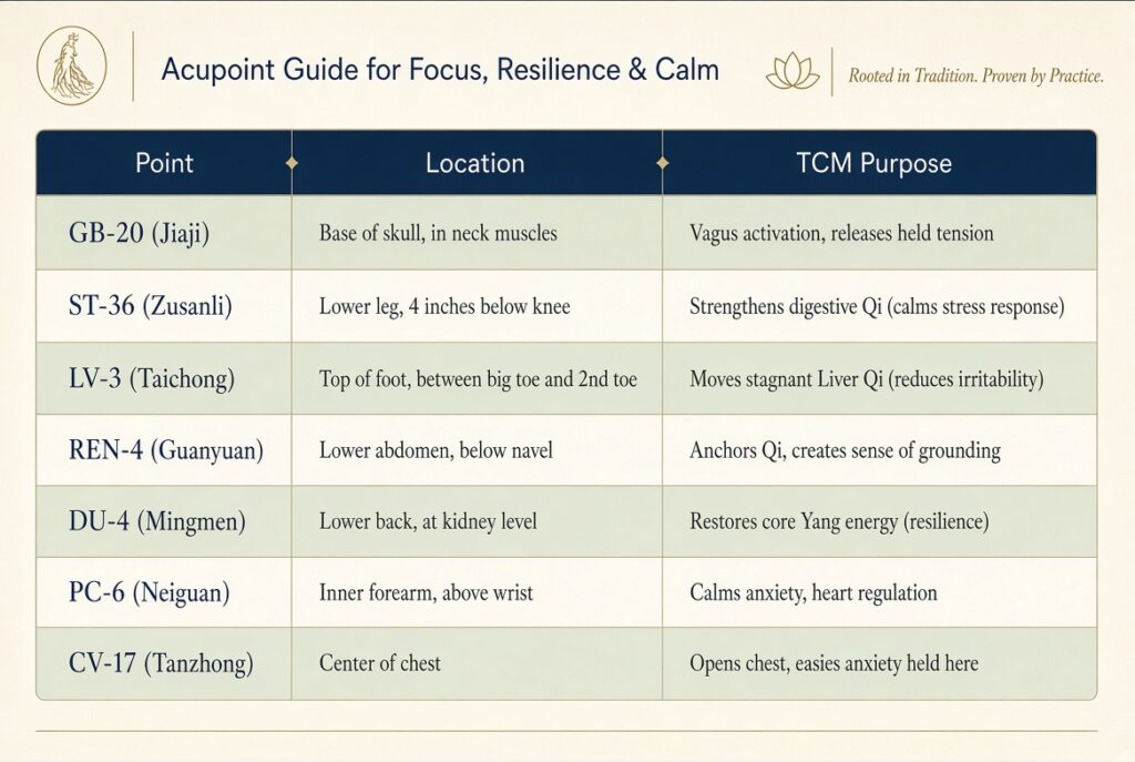 acupuncture points focus resilience calm acupoints table