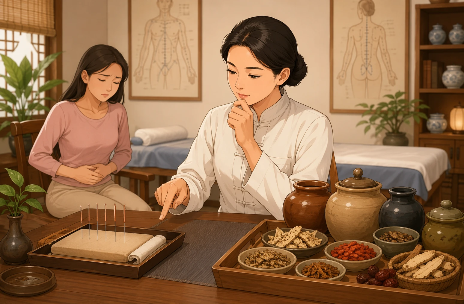 Clinician comparing acupuncture needles and herbal jars in a calm TCM clinic