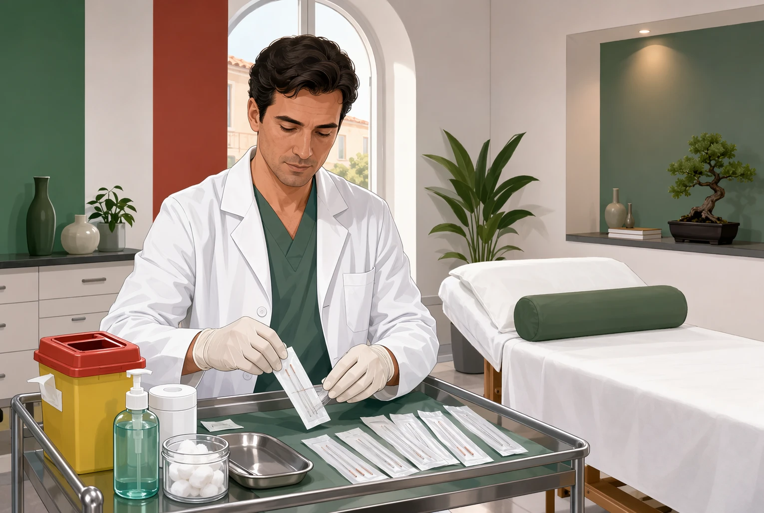 Italian doctor preparing sterile acupuncture needles in clinic