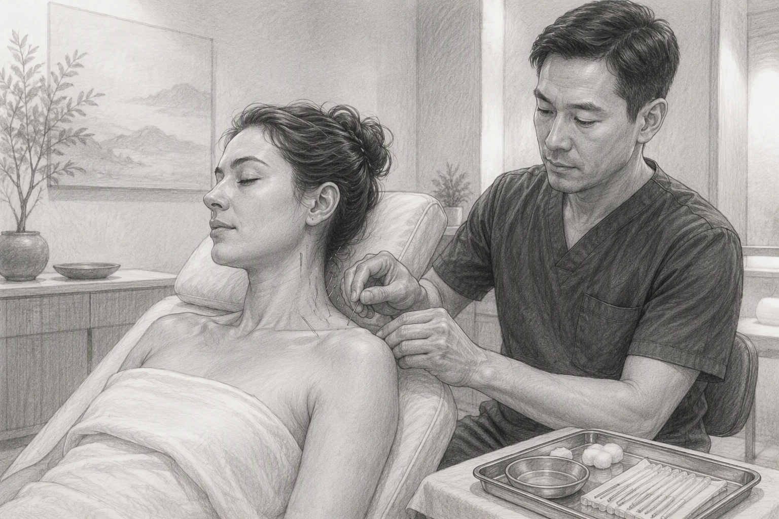 Patient receiving acupuncture for neck tension in modern clinic