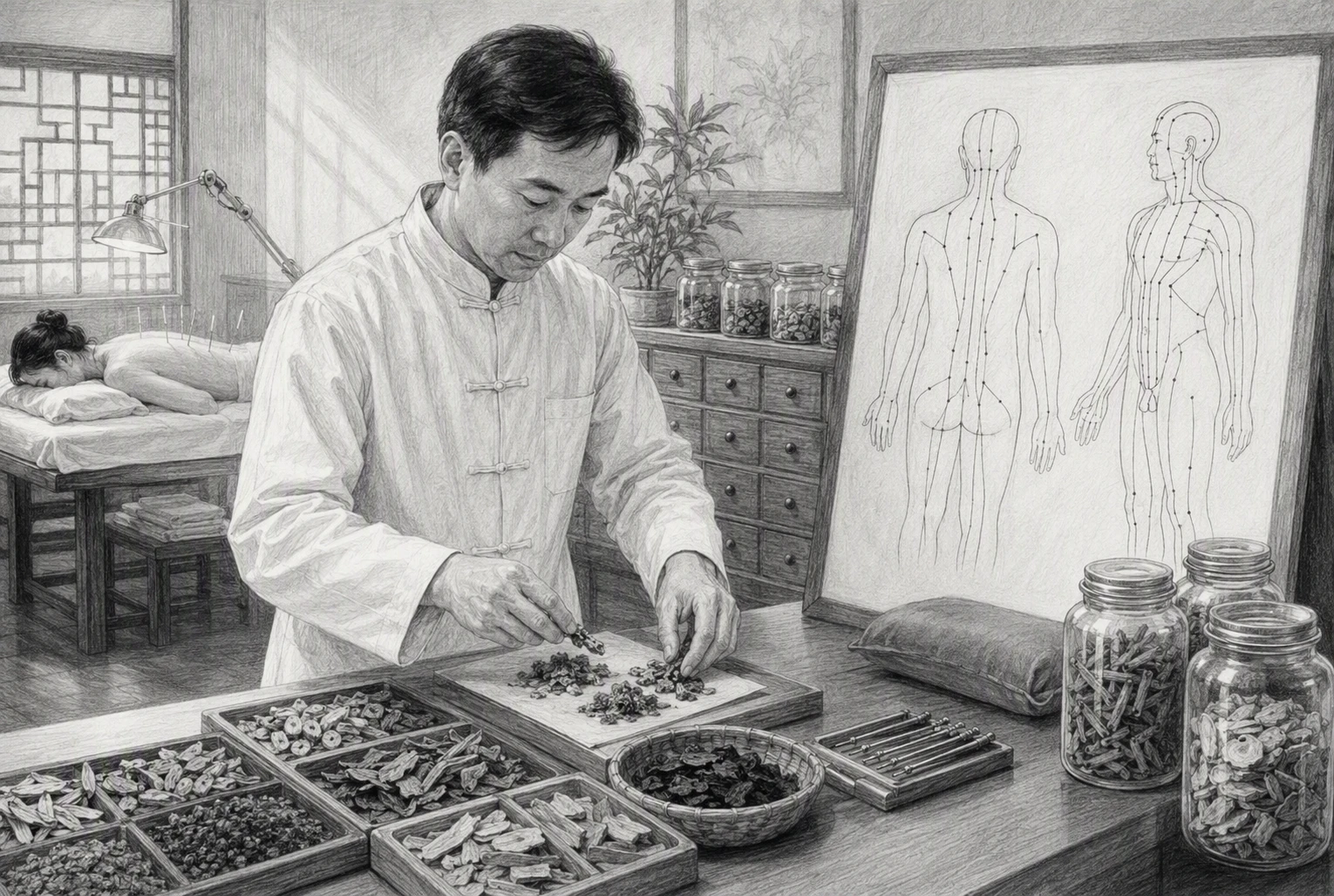 Practitioner arranging dried herbs beside acupuncture chart
