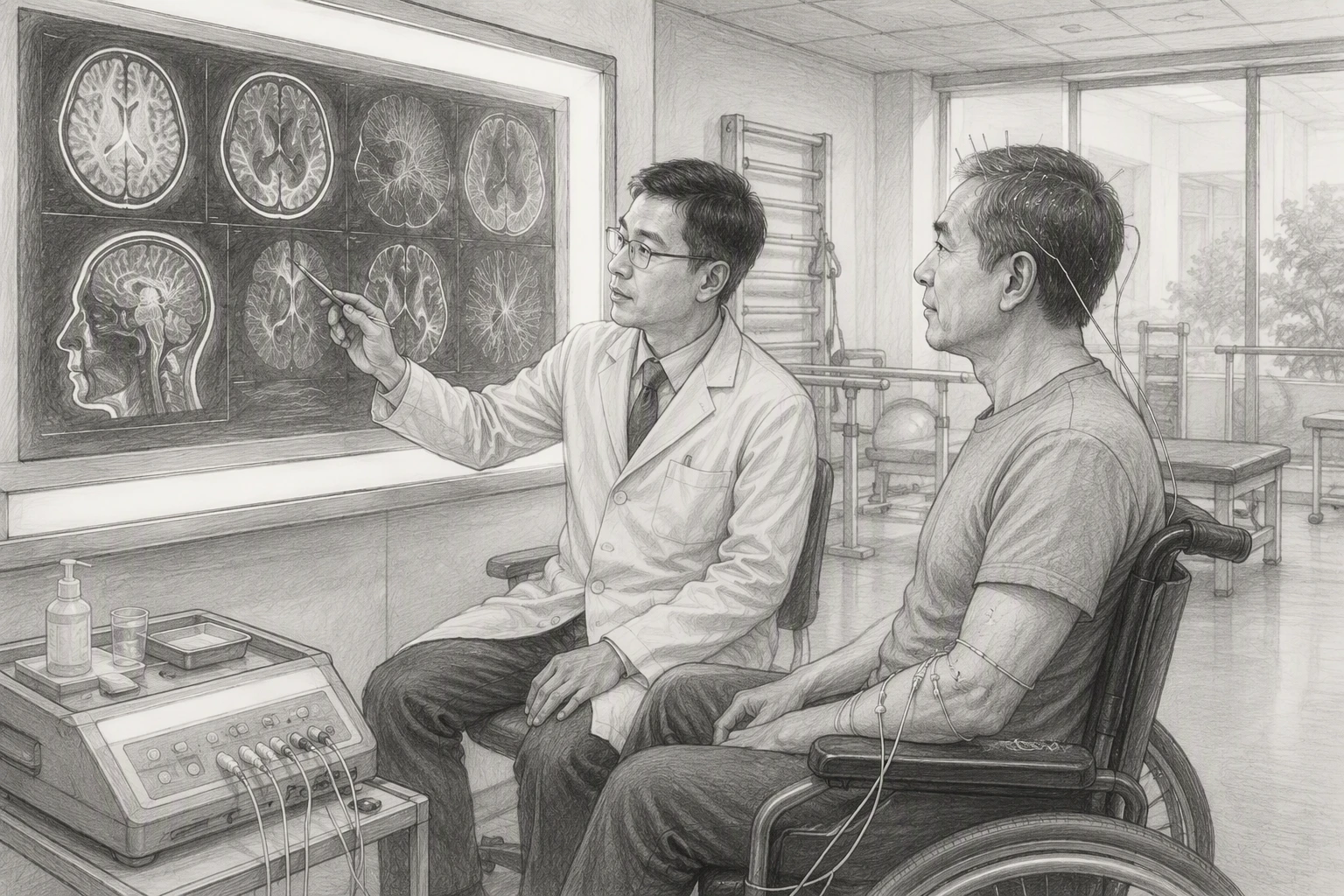 Neurologist reviewing acupuncture brain scan data