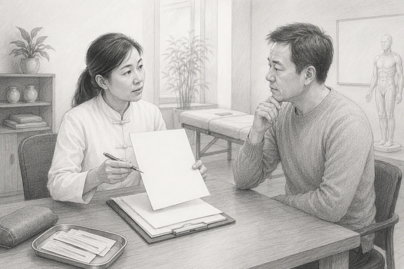 Clinician discussing acupuncture with patient