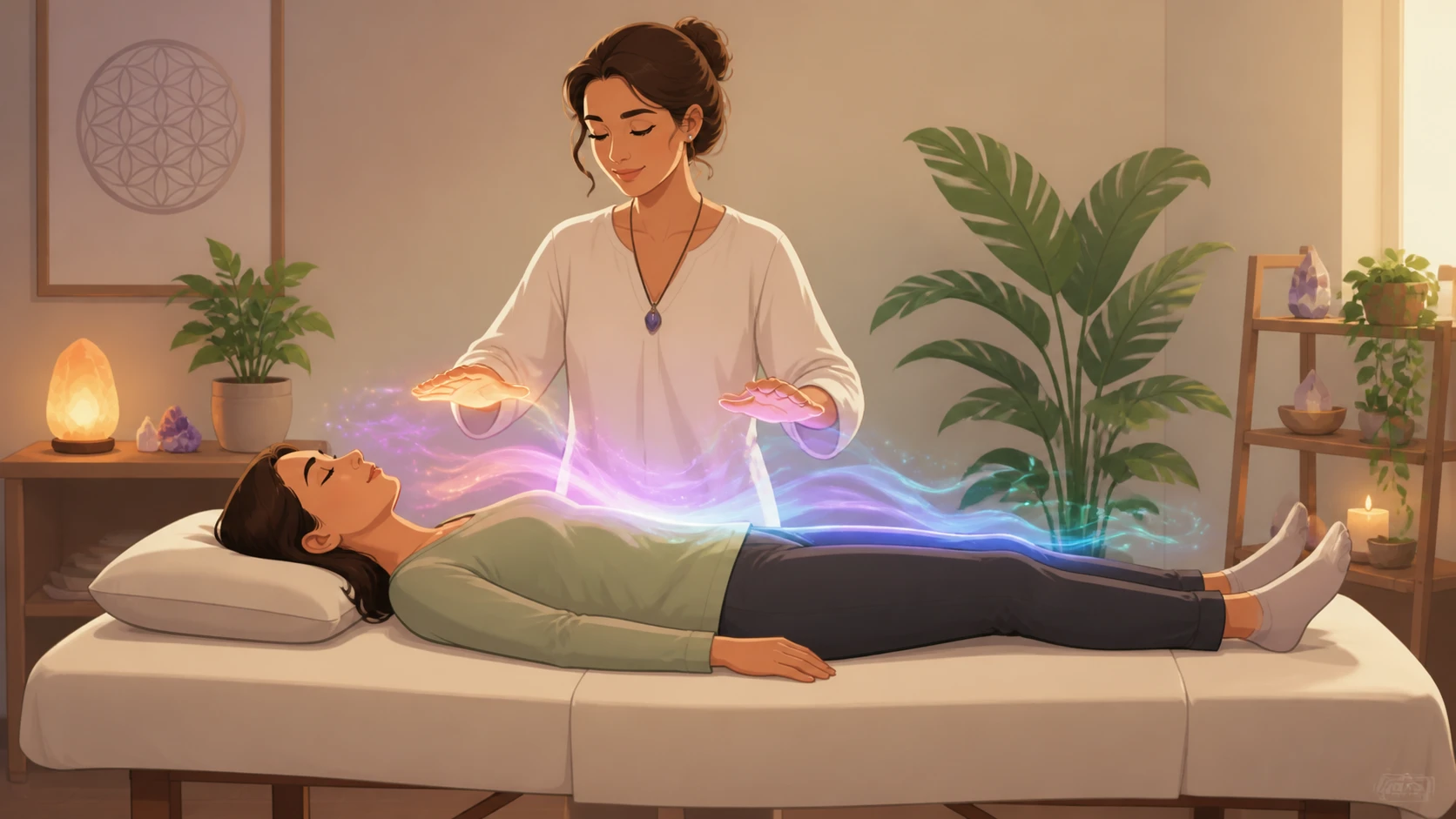 Person resting peacefully during quantum energy healing session