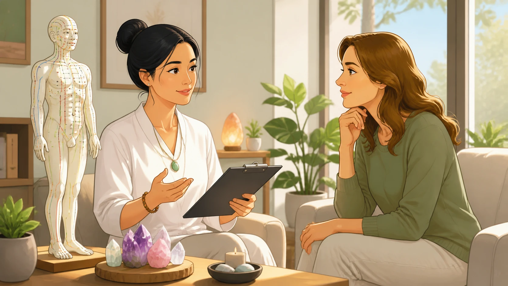 Practitioner discussing wellness notes beside acupuncture model
