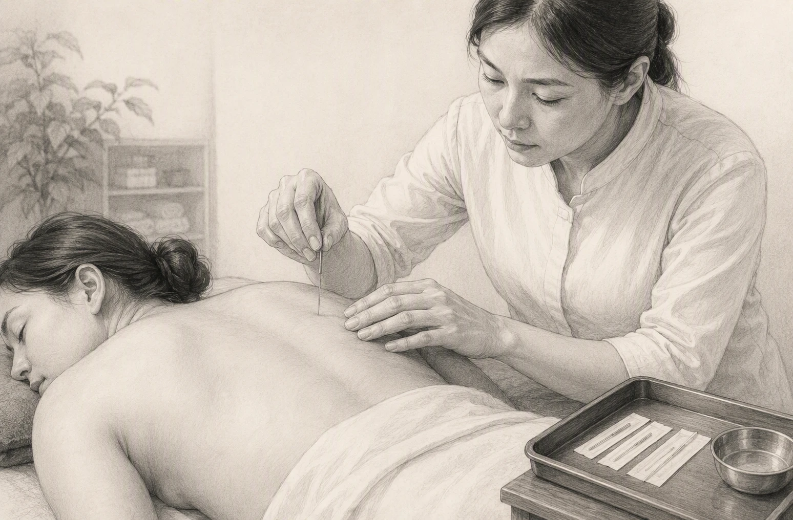 Acupuncturist inserting fine needles at shoulder points