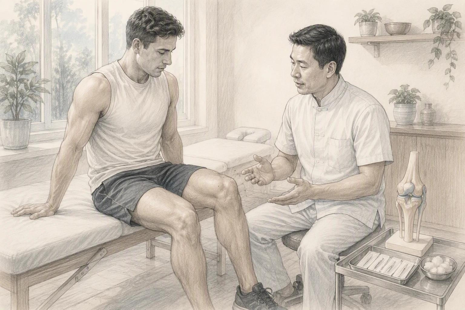 Athlete consulting acupuncturist for knee recovery in clinic
