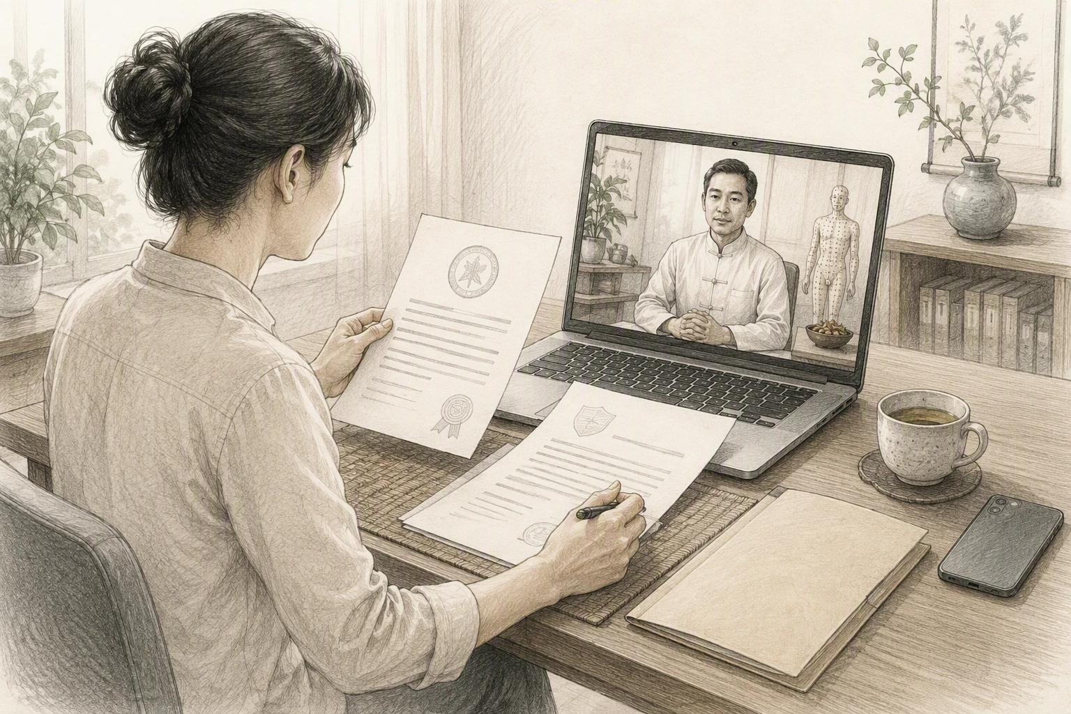 Patient reviewing credentials and privacy terms on laptop at home