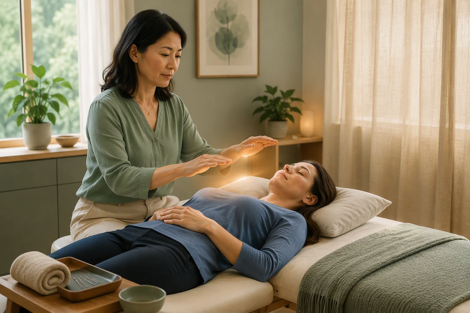 Calm energy session in serene treatment space