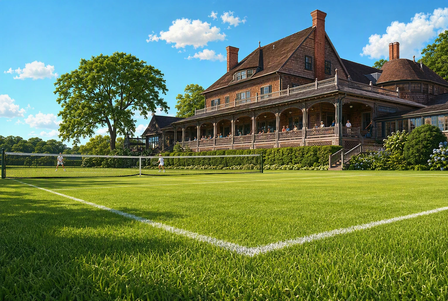 Low-angle grass court beside historic shingle clubhouse