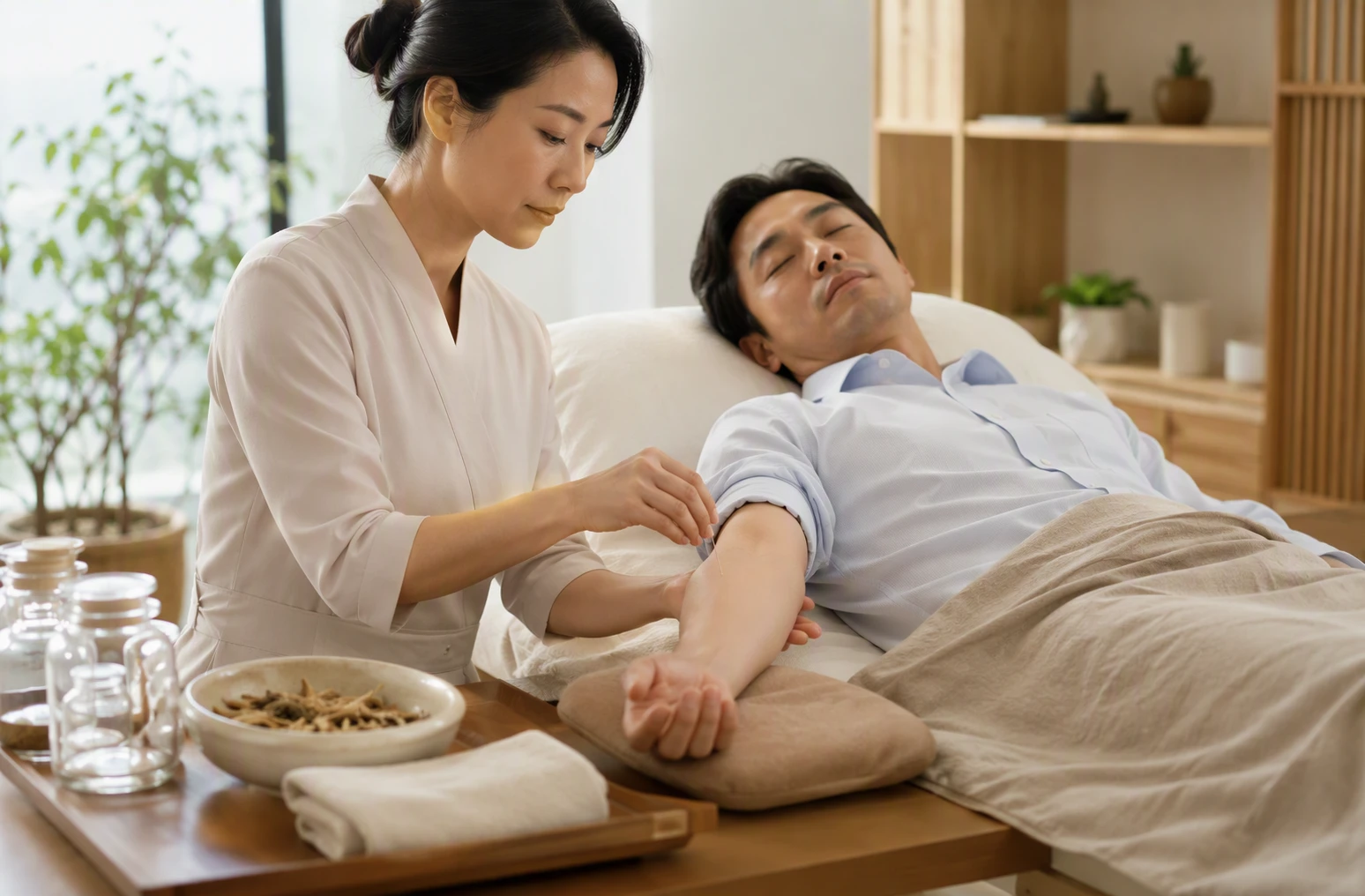 Acupuncturist treating relaxed office worker with fine needles