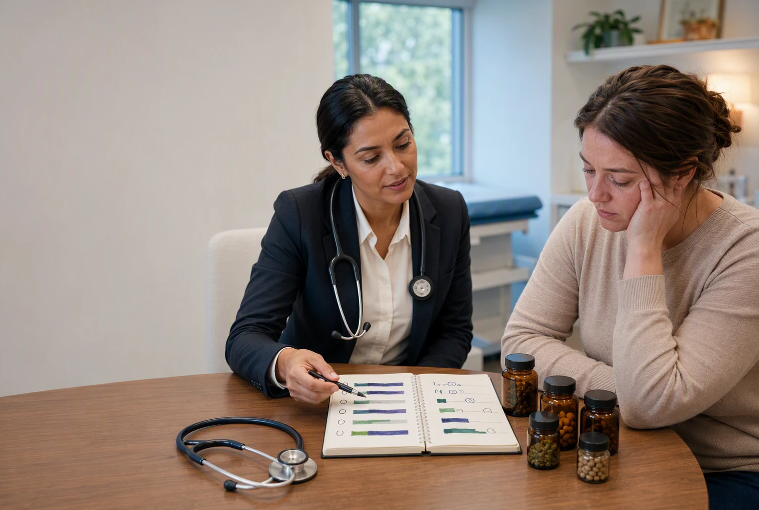 Clinician reviewing sleep diary and herbal supplements