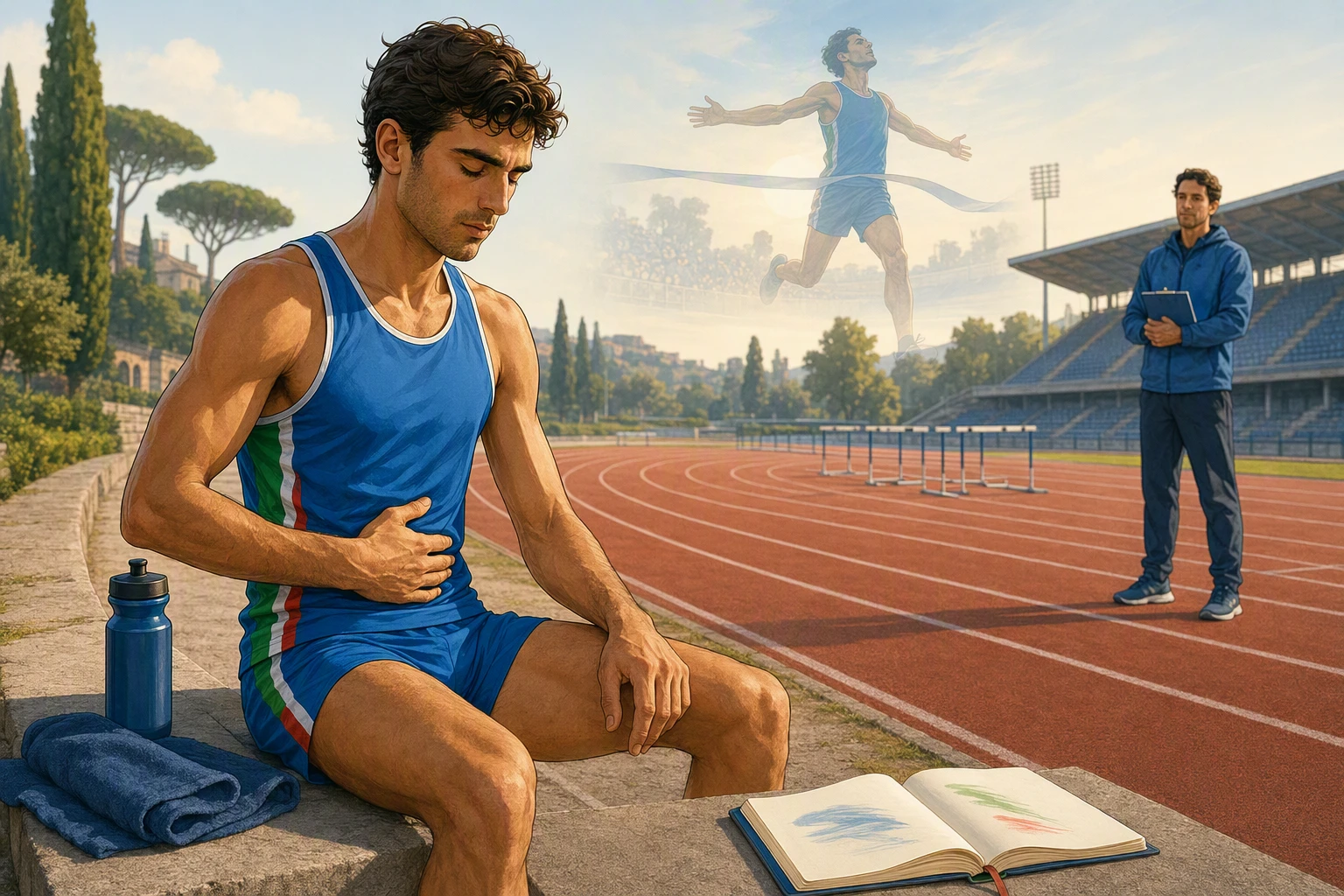 Italian sprinter breathing deeply trackside