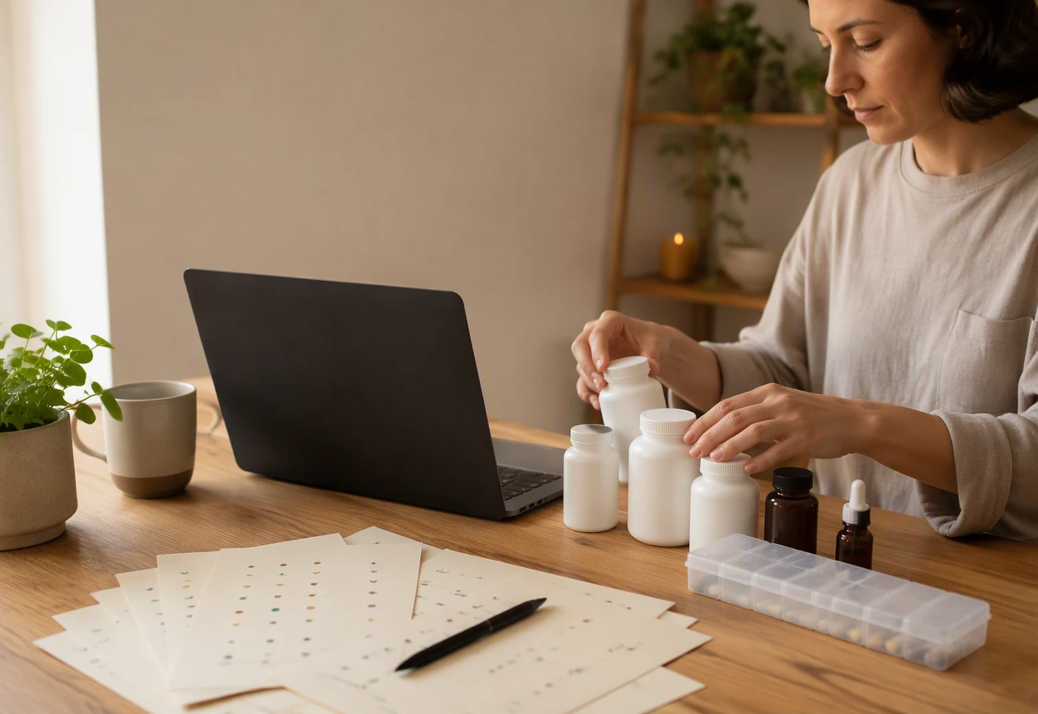 Organizing medications and symptom notes beside laptop