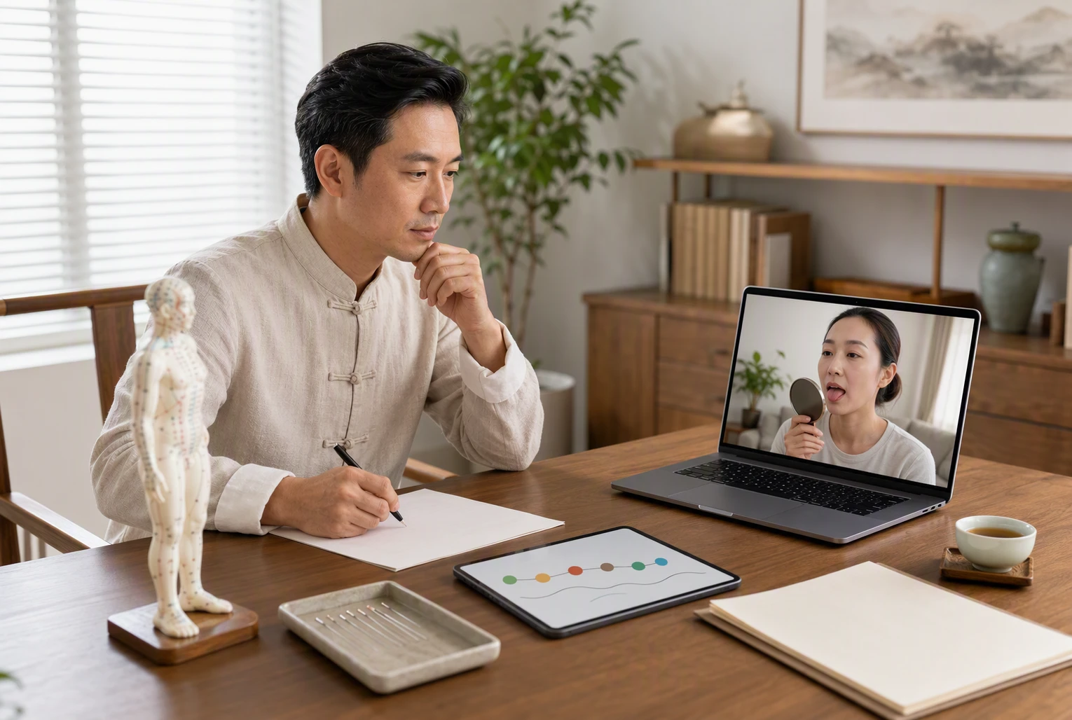 Practitioner reviewing symptom timeline during video consultation