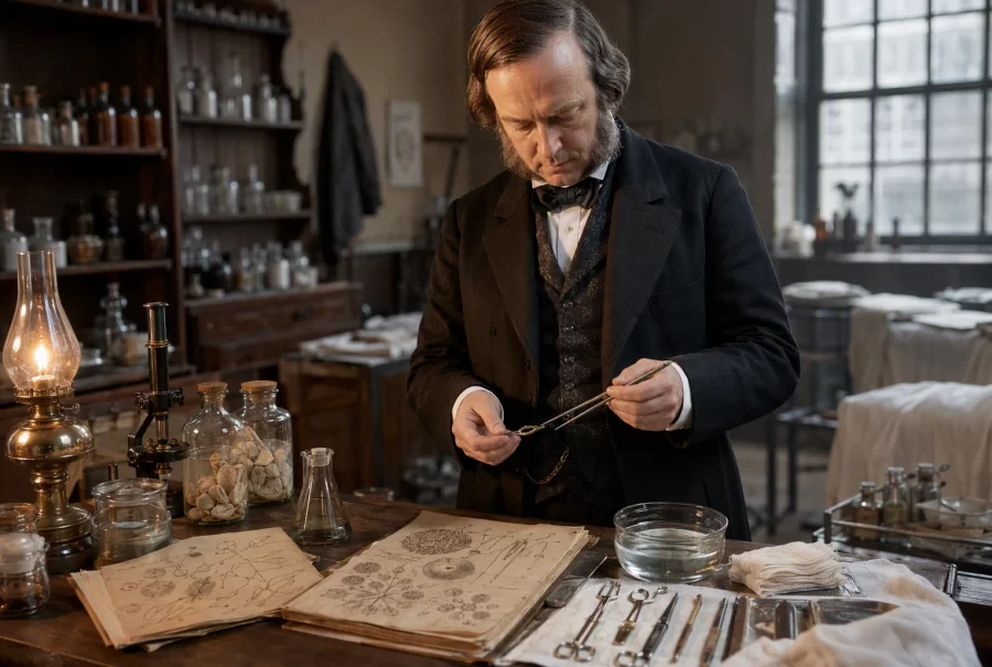 Illuminated lab bench with Pasteur notes and Lister instruments