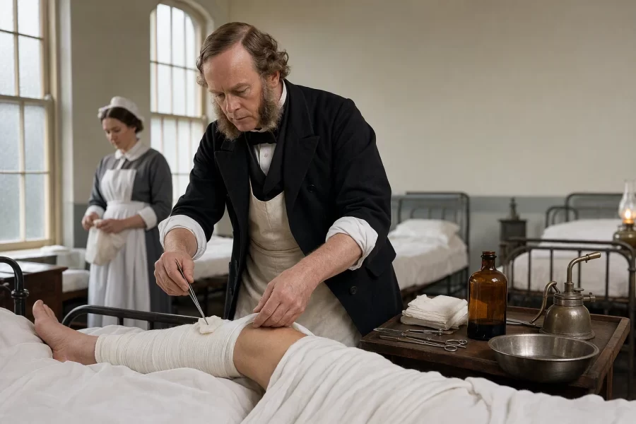 Surgeon applying carbolic acid dressing in Victorian ward