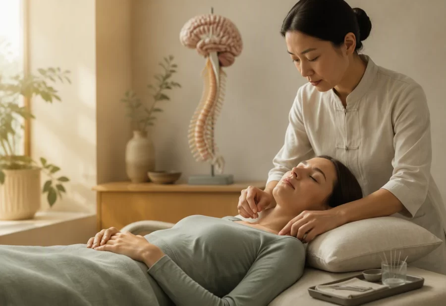 Acupuncturist placing fine needles into relaxed client's back