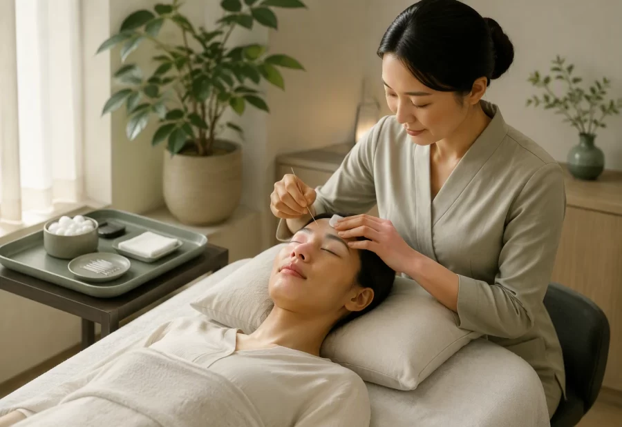 Acupuncturist guiding forehead point for calm